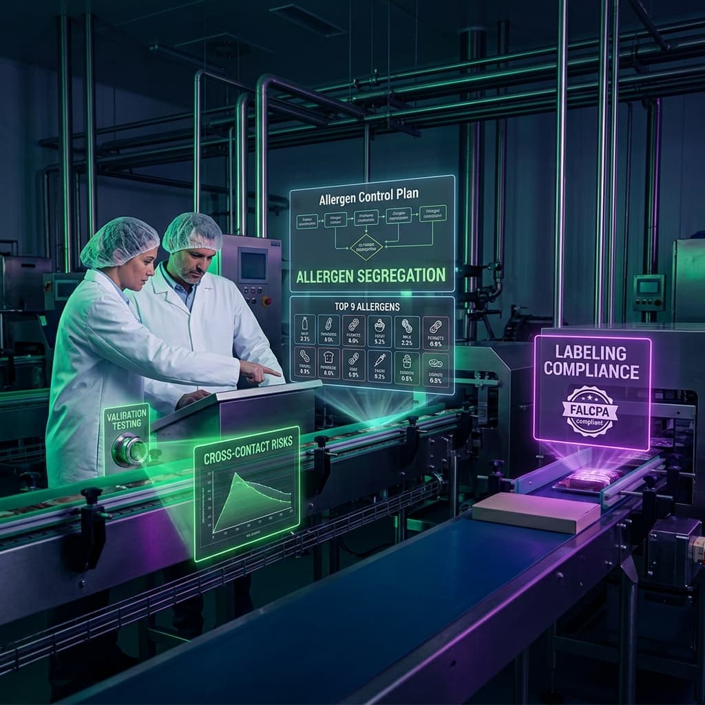 Two quality assurance professionals in lab coats reviewing allergen segregation and cross-contact testing data on digital displays at a food manufacturing production line