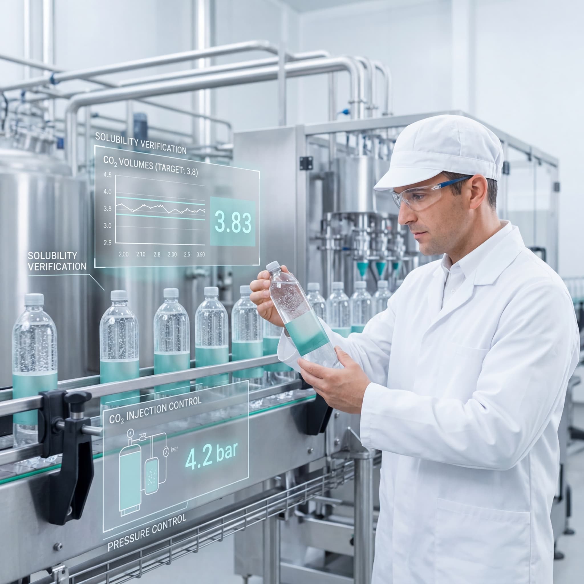 Beverage plant quality technician inspecting a bottle on a carbonation filling line with CO2 volume and pressure control displays