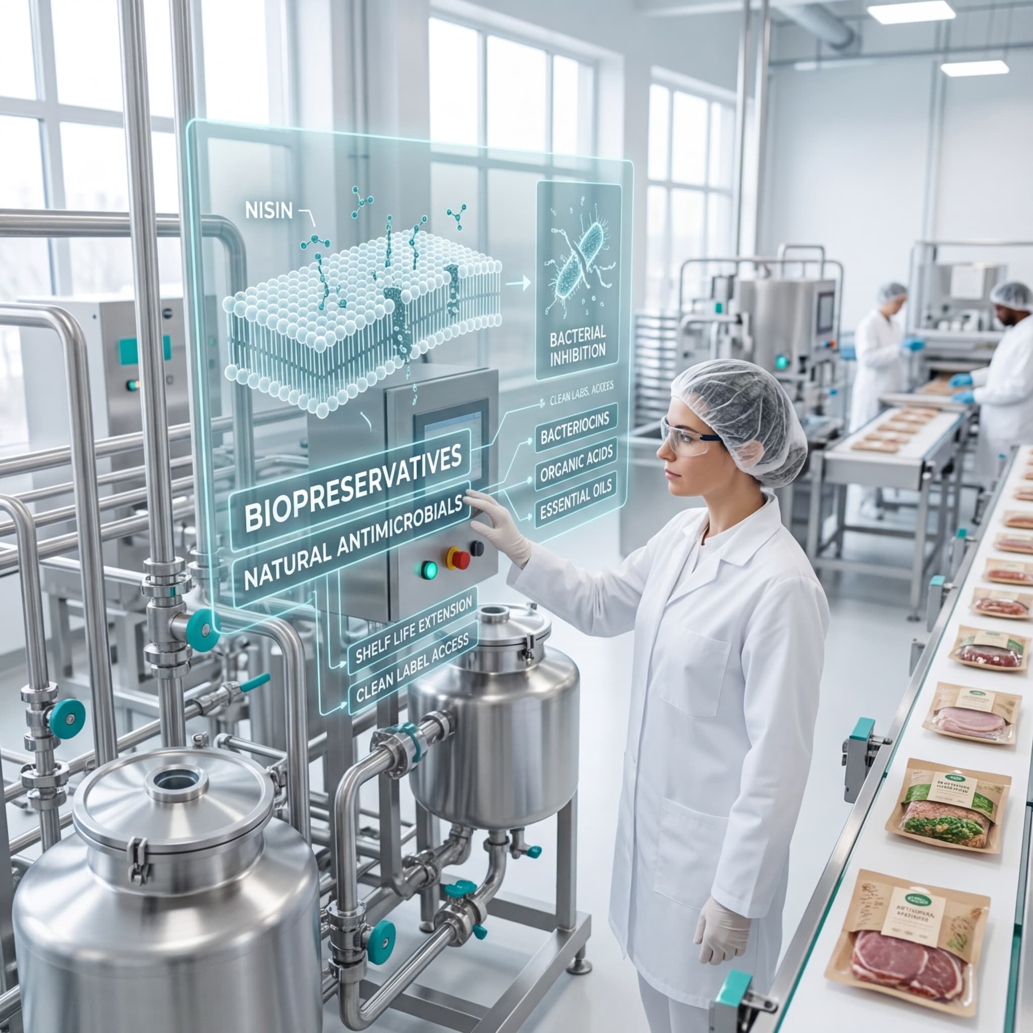 Food scientist operating biopreservative mixing equipment with holographic display showing nisin molecular structure, bacterial cell membrane inhibition, and clean-label packaged meat products on a conveyor line