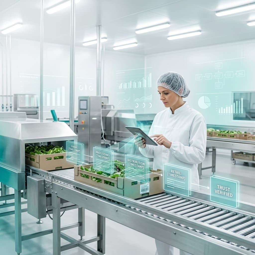 Food safety technician using a tablet to verify blockchain supply chain timestamps on produce boxes moving through a clean processing facility
