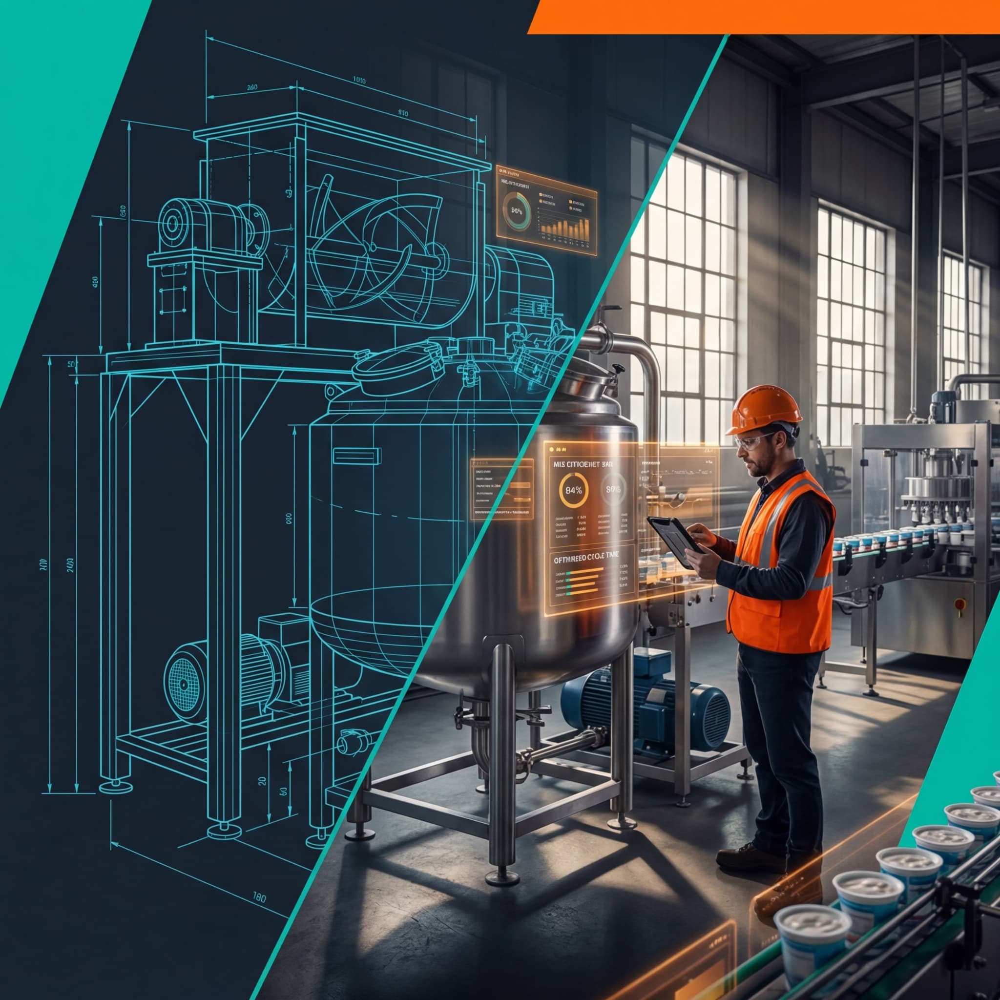 Split view of engineering blueprint and operator reviewing brand performance metrics on a canning production line