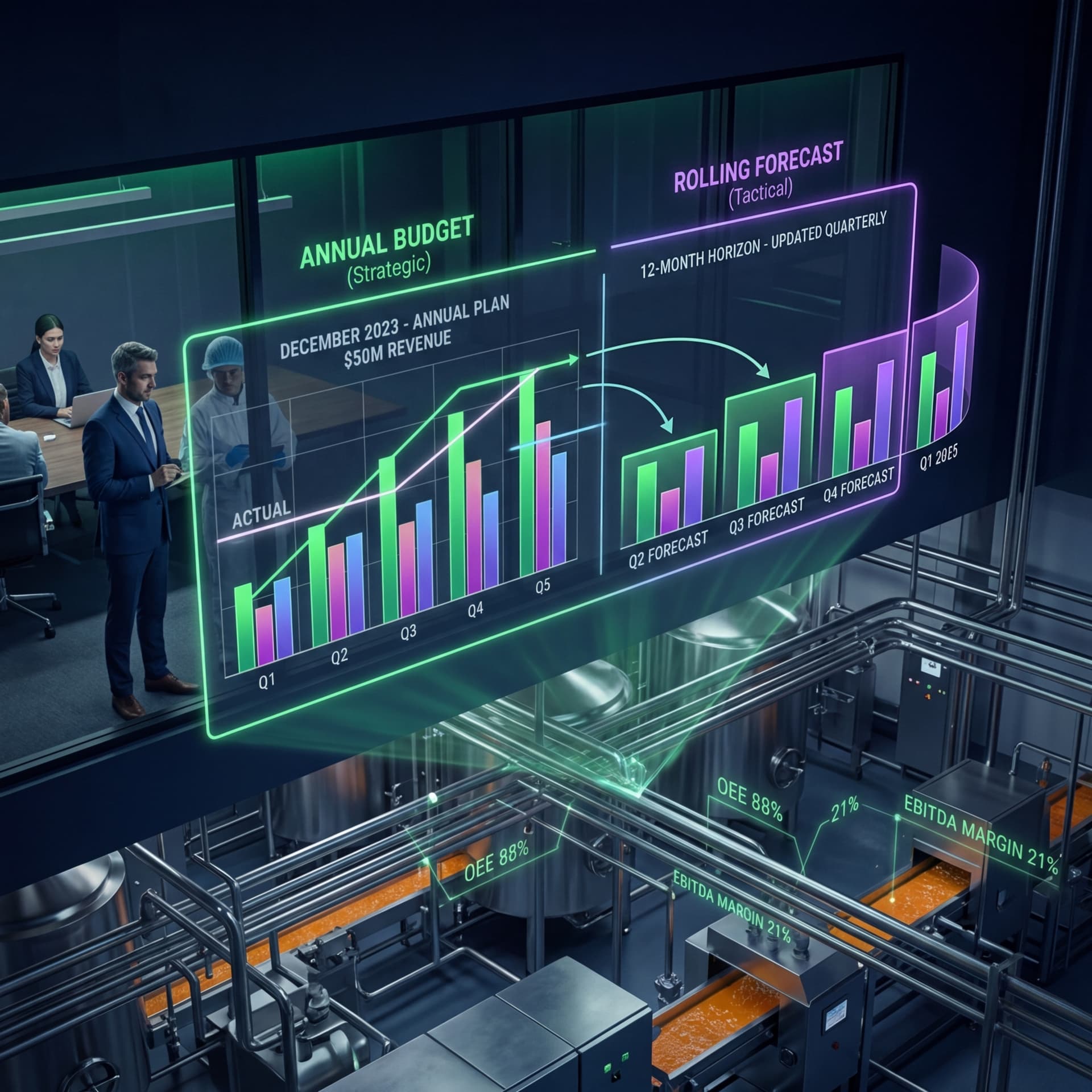 Leadership team reviewing annual budget and rolling forecast displays overlooking a food manufacturing production floor