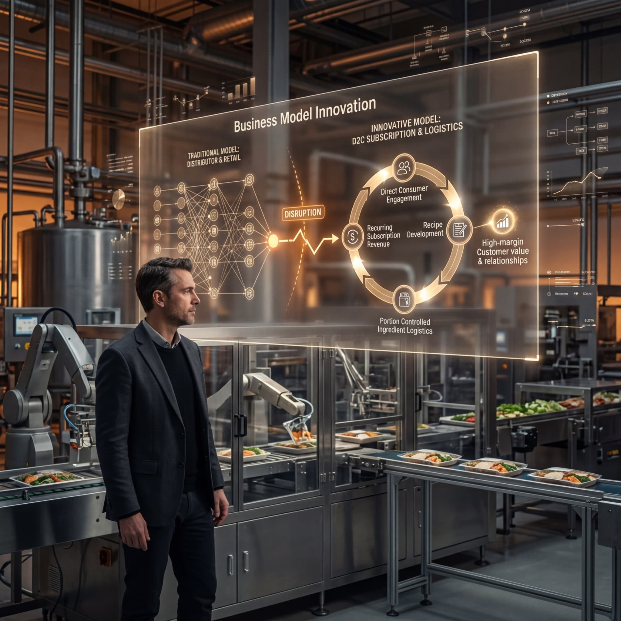 Executive viewing business model innovation diagram with D2C subscription cycle on meal preparation line