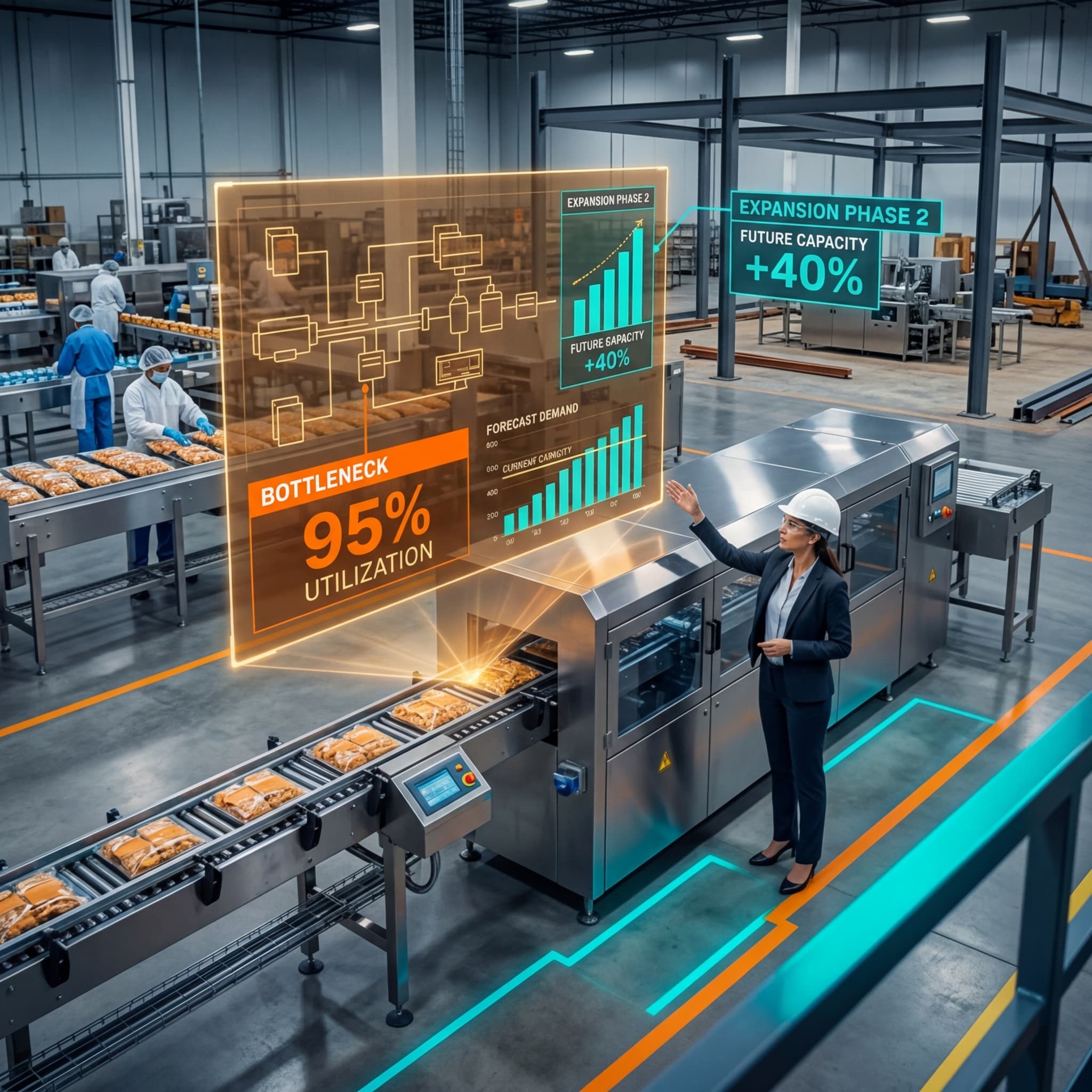 Food manufacturing facility with capacity utilization dashboards and expansion planning overlays