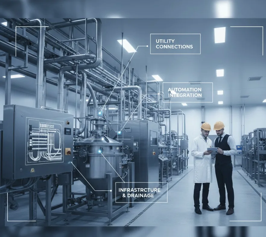 Engineers reviewing food processing facility infrastructure with overlay showing utility connections, foundation positioning, and infrastructure planning elements