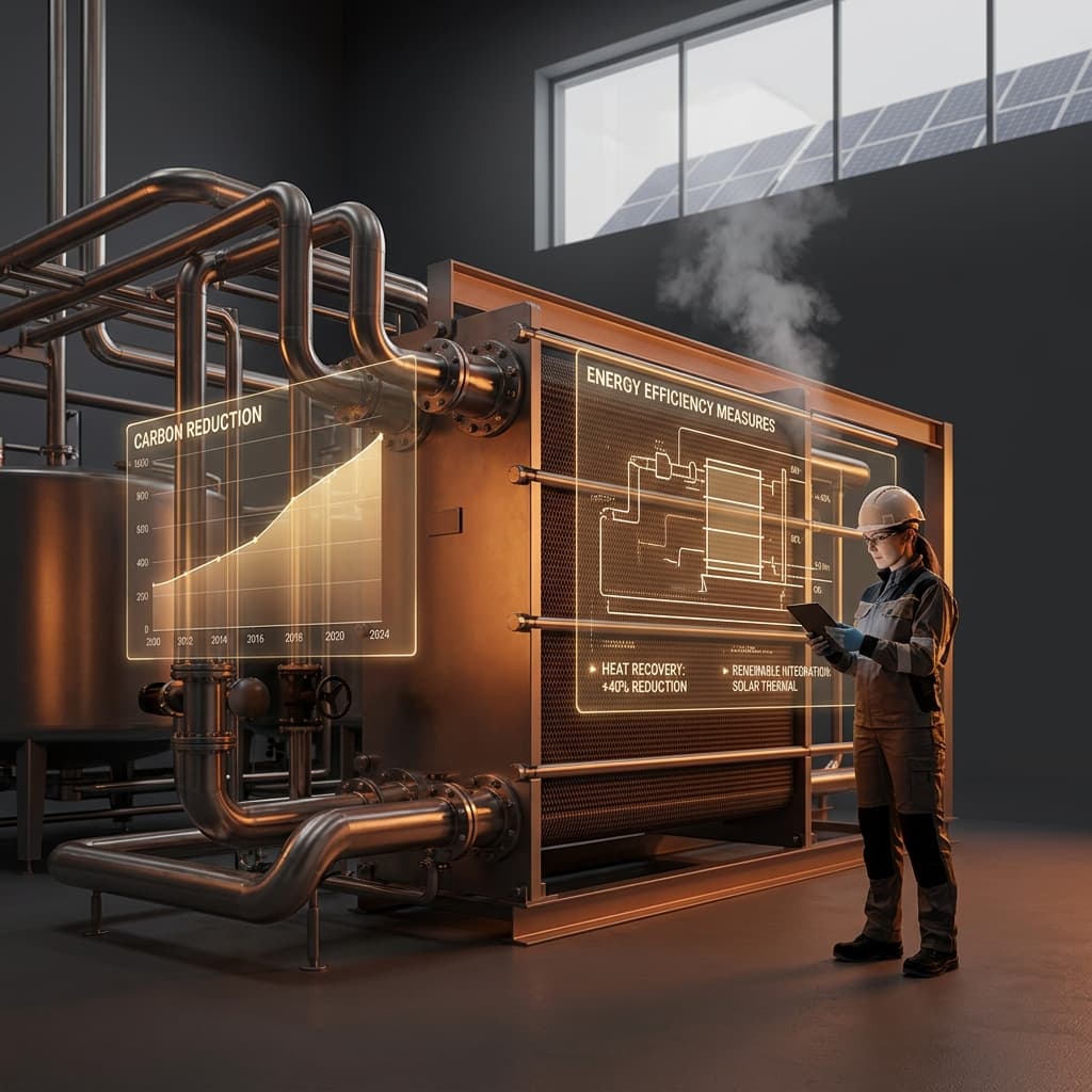 Engineer reviewing energy efficiency data on a tablet beside an industrial boiler system with heat recovery piping and rooftop solar panels visible in a food manufacturing facility
