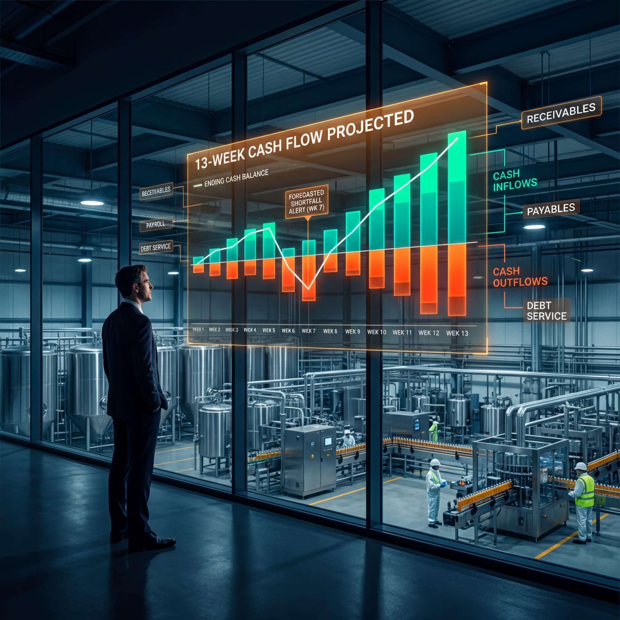 Executive reviewing 13-week cash flow projection with inflow and outflow charts overlooking a food manufacturing facility