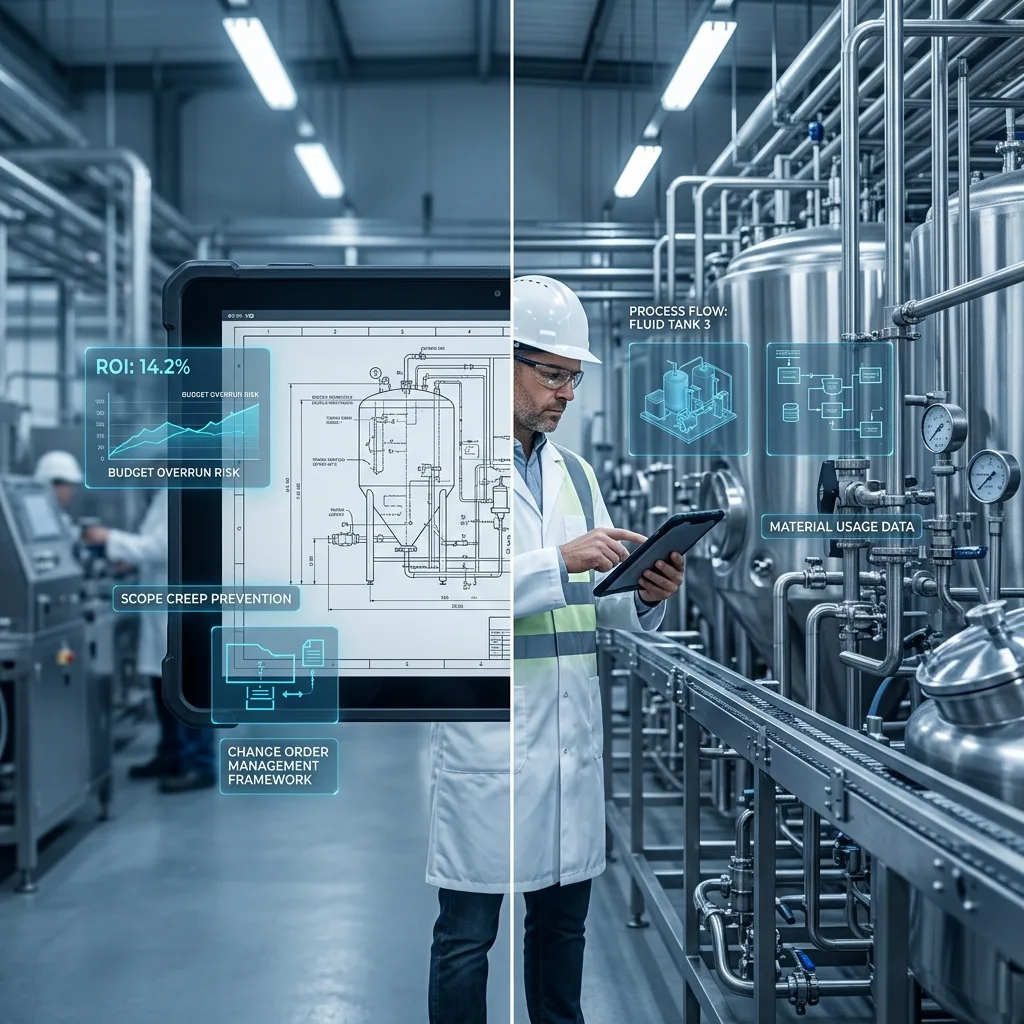 Engineer reviewing scope documentation and project diagrams in a food processing facility