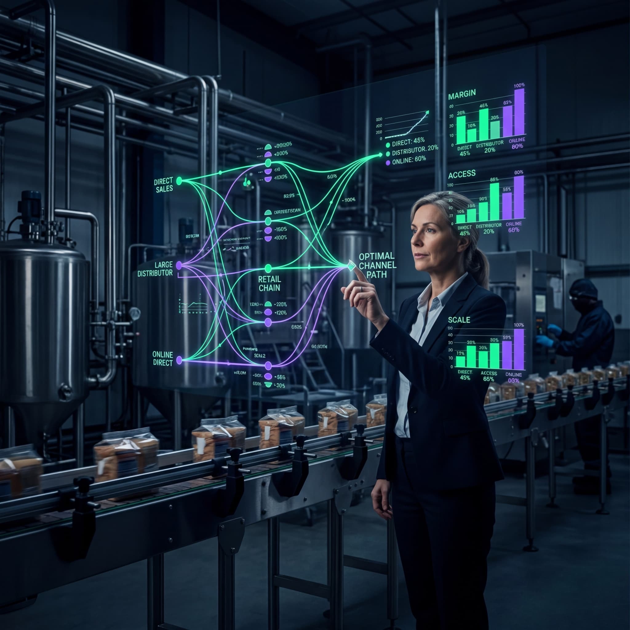 Executive analyzing distribution channel flow diagrams and margin comparisons on a food production floor