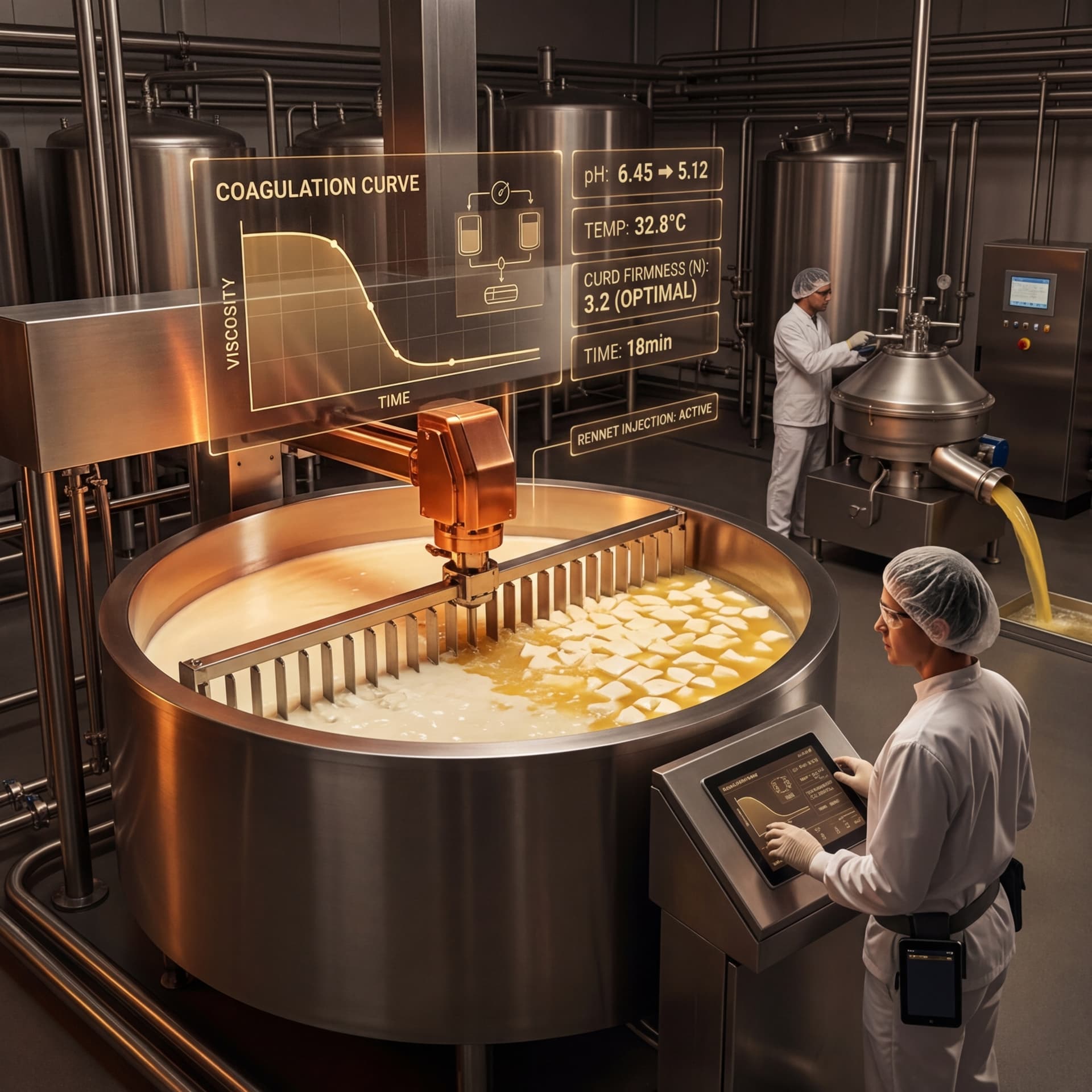 Cheese production facility with automated curd cutting in a large vat showing coagulation curve monitoring and whey separation equipment