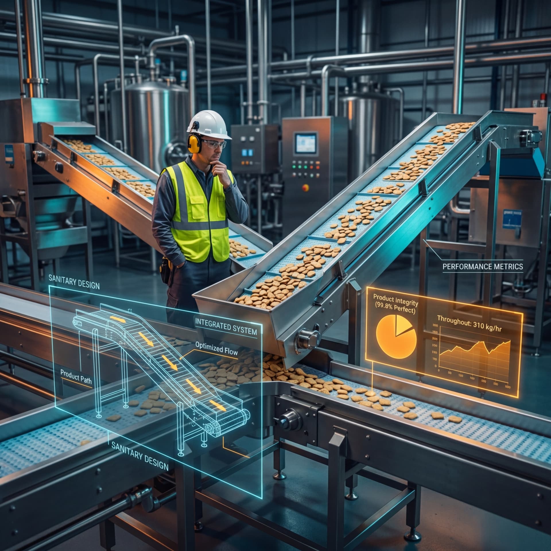 Plant engineer inspecting a food-grade inclined belt conveyor transporting snack products in a manufacturing facility with holographic performance metrics and integration diagrams