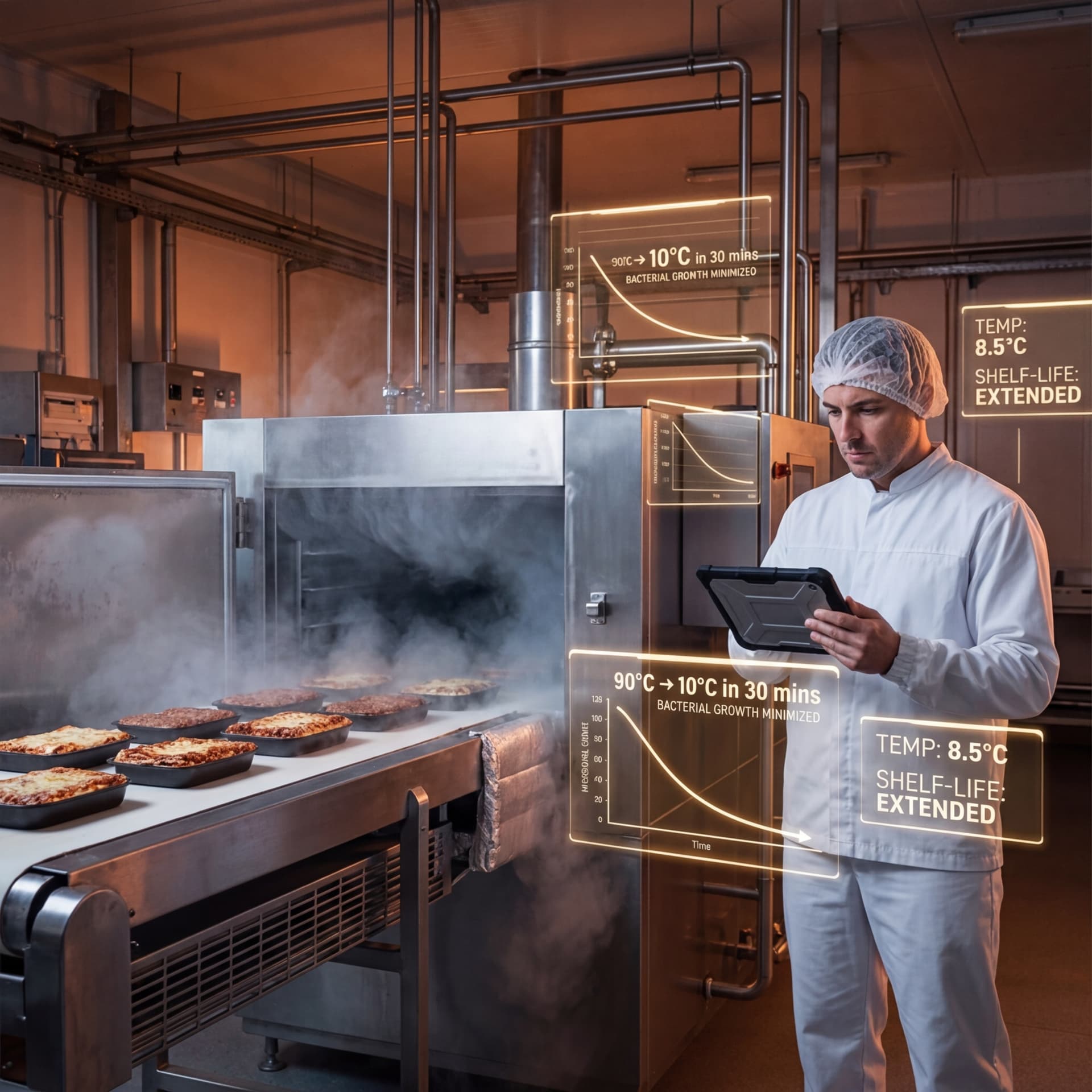Food processing operator reviewing tablet with temperature data beside a blast chiller with steam rising from hot prepared food products on a conveyor
