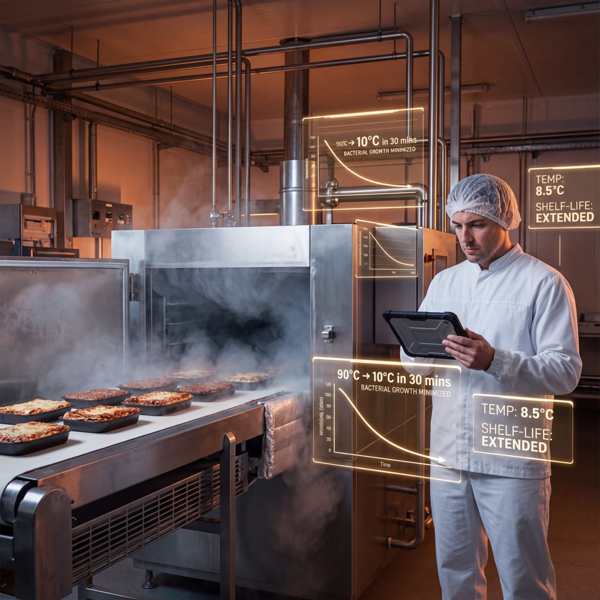 Food processing operator reviewing tablet with temperature data beside a blast chiller with steam rising from hot prepared food products on a conveyor
