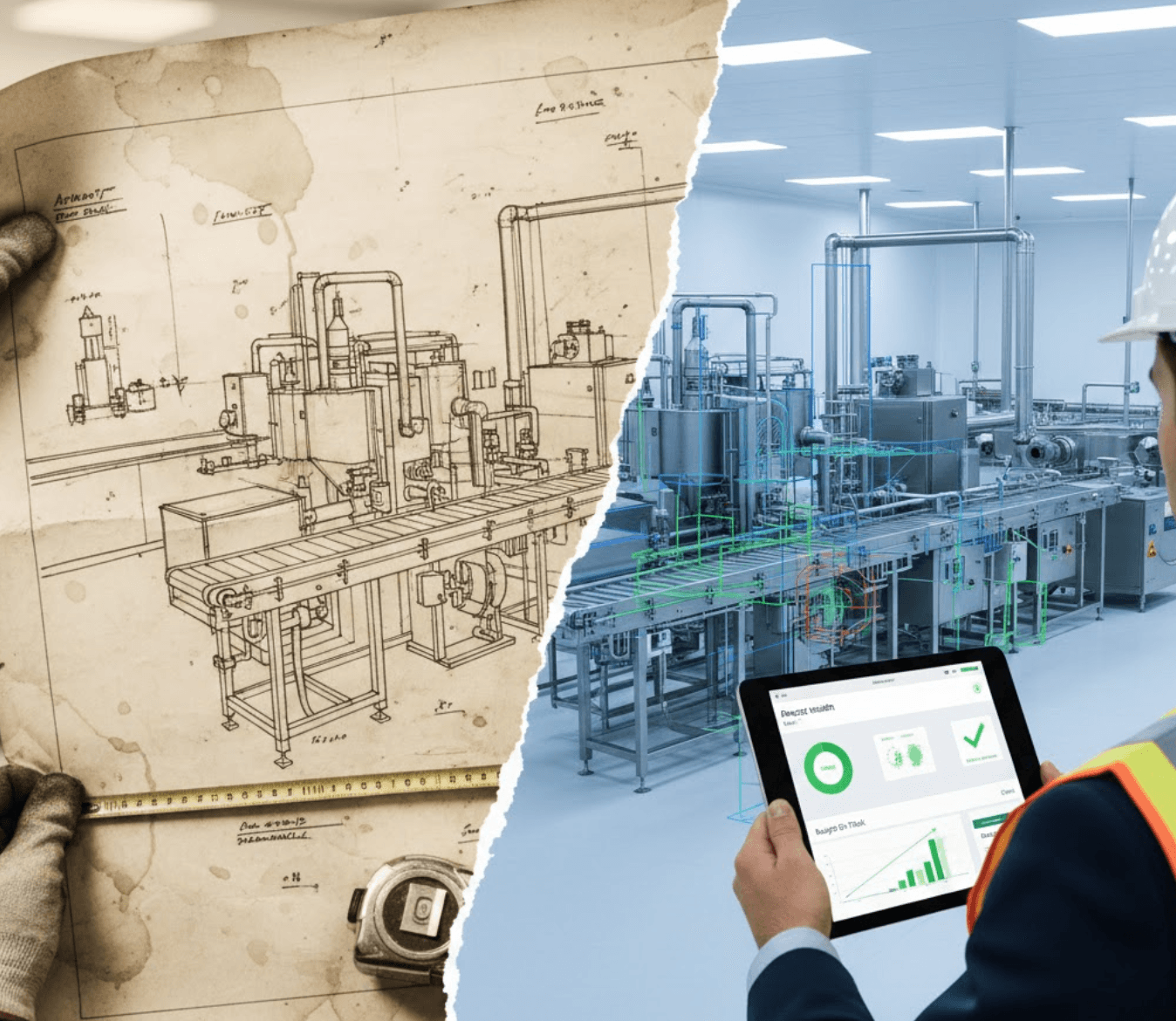 Split image contrasting vintage engineering blueprints with modern food processing facility and engineer using digital project management tablet