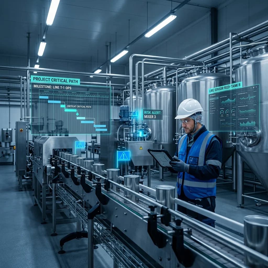 Project manager reviewing digital timeline displays alongside processing equipment in a food manufacturing plant