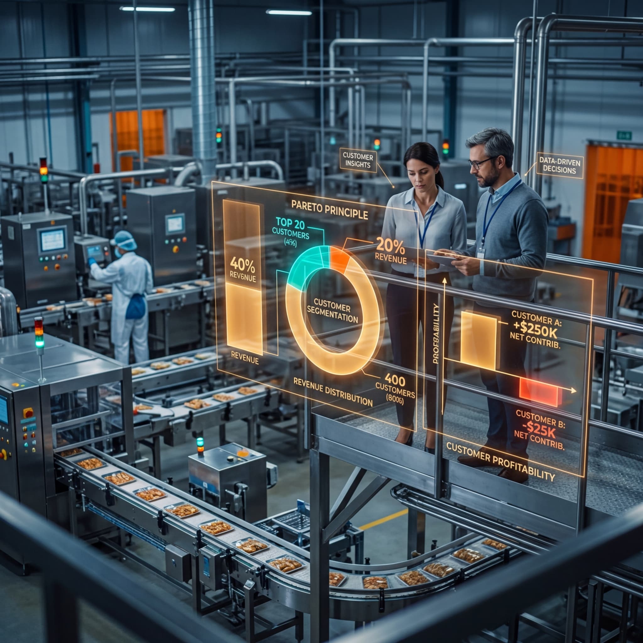 Two professionals reviewing customer profitability Pareto analysis on digital displays in a food production facility