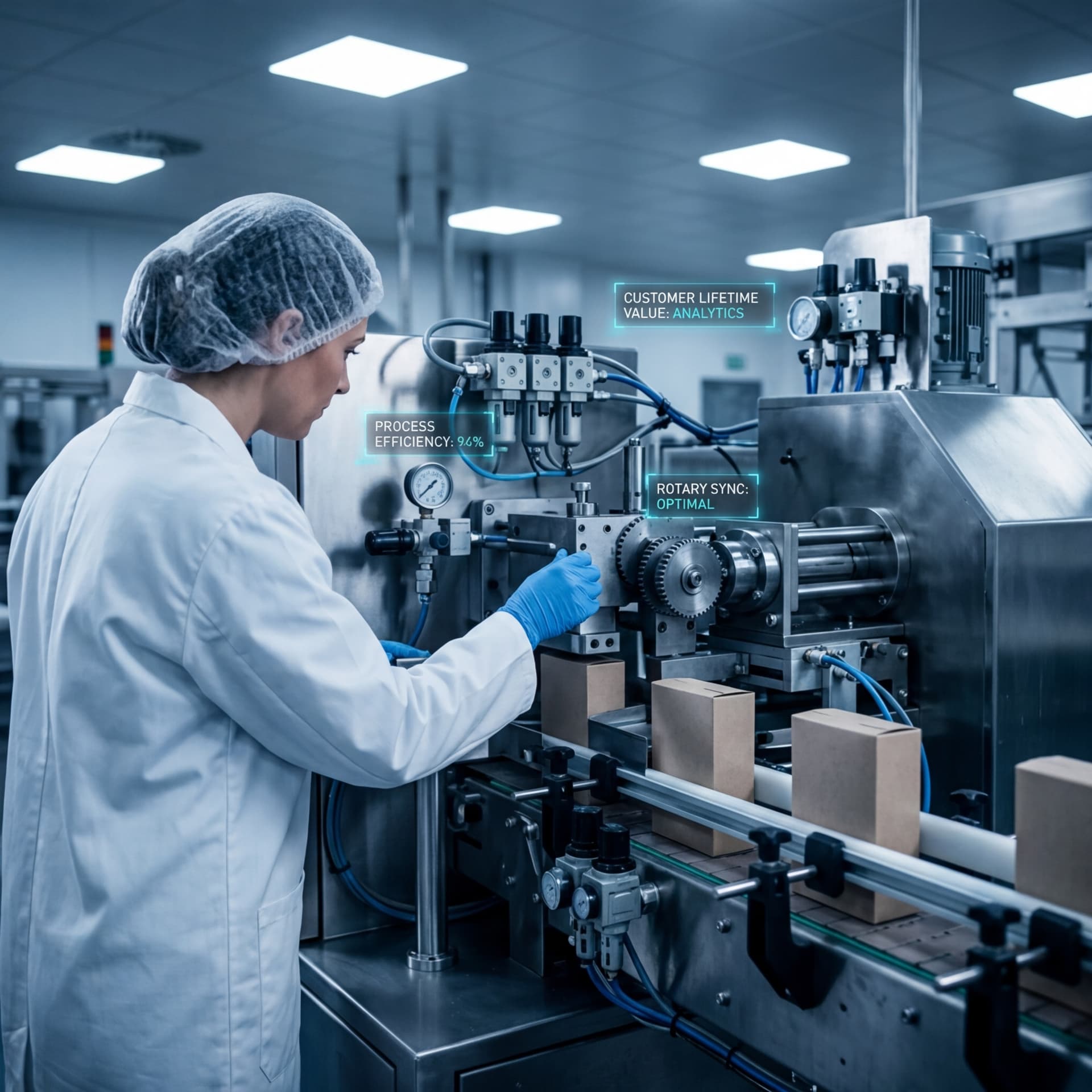 Operator managing packaging equipment with digital customer lifetime value and process efficiency displays