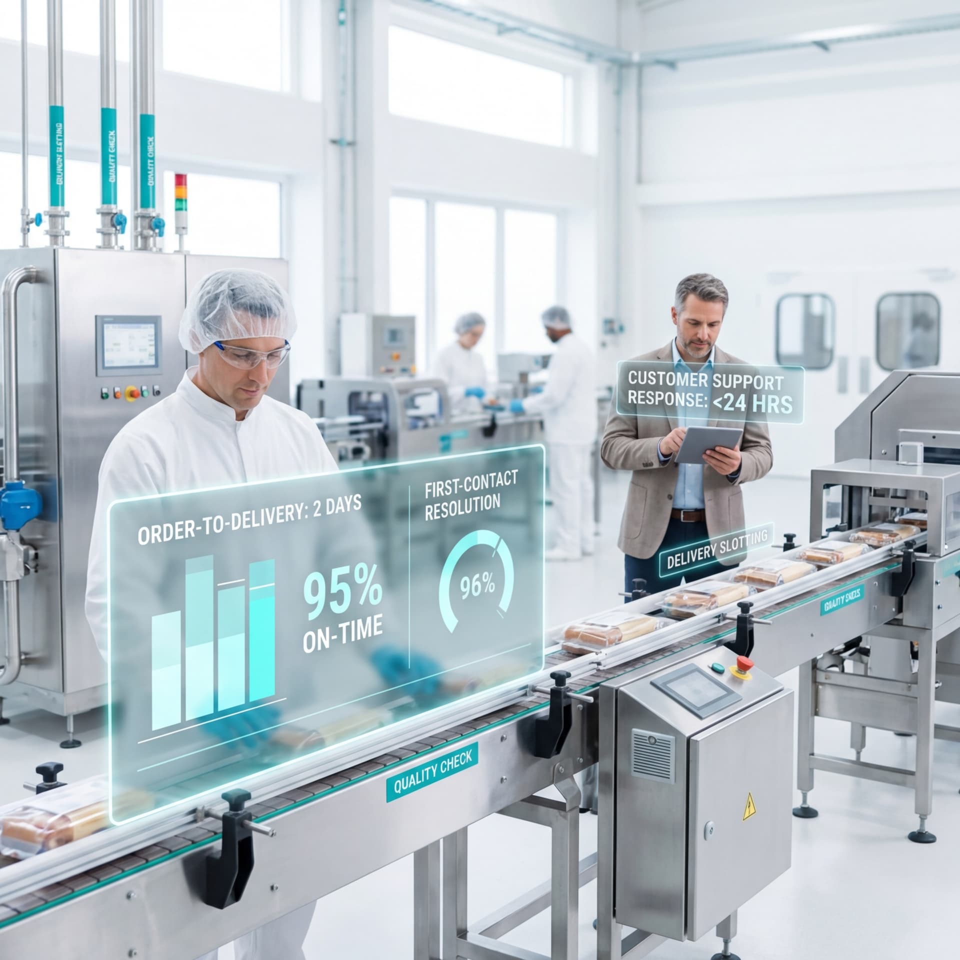 Production line workers and account manager reviewing service delivery metrics with digital on-time delivery displays