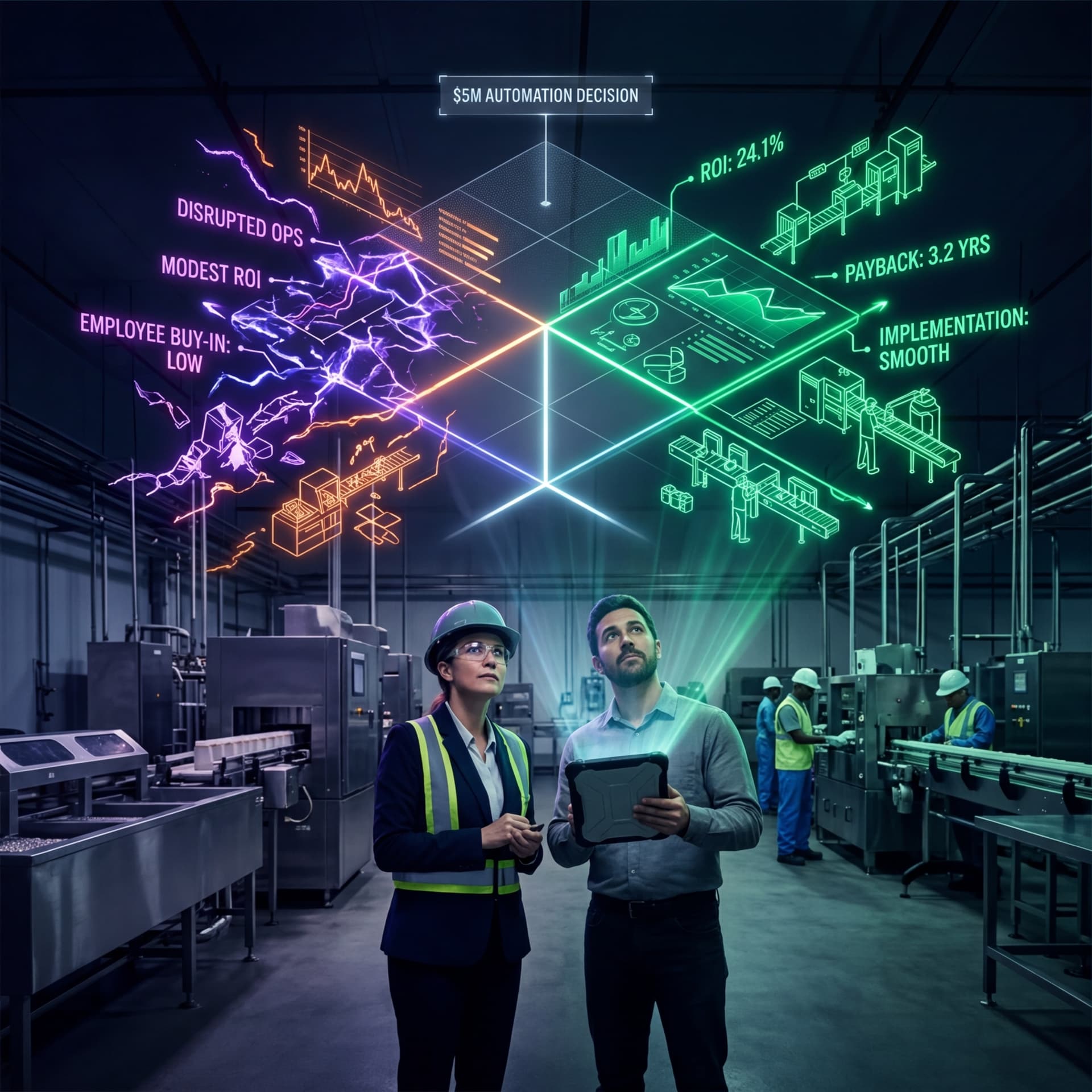 Two manufacturing leaders evaluating automation decision scenarios with ROI projections on factory floor