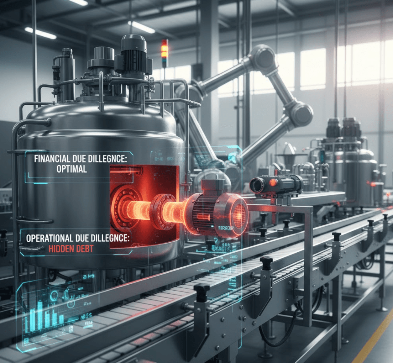 Industrial manufacturing equipment with diagnostic overlay showing financial due diligence as optimal while operational due diligence reveals hidden debt