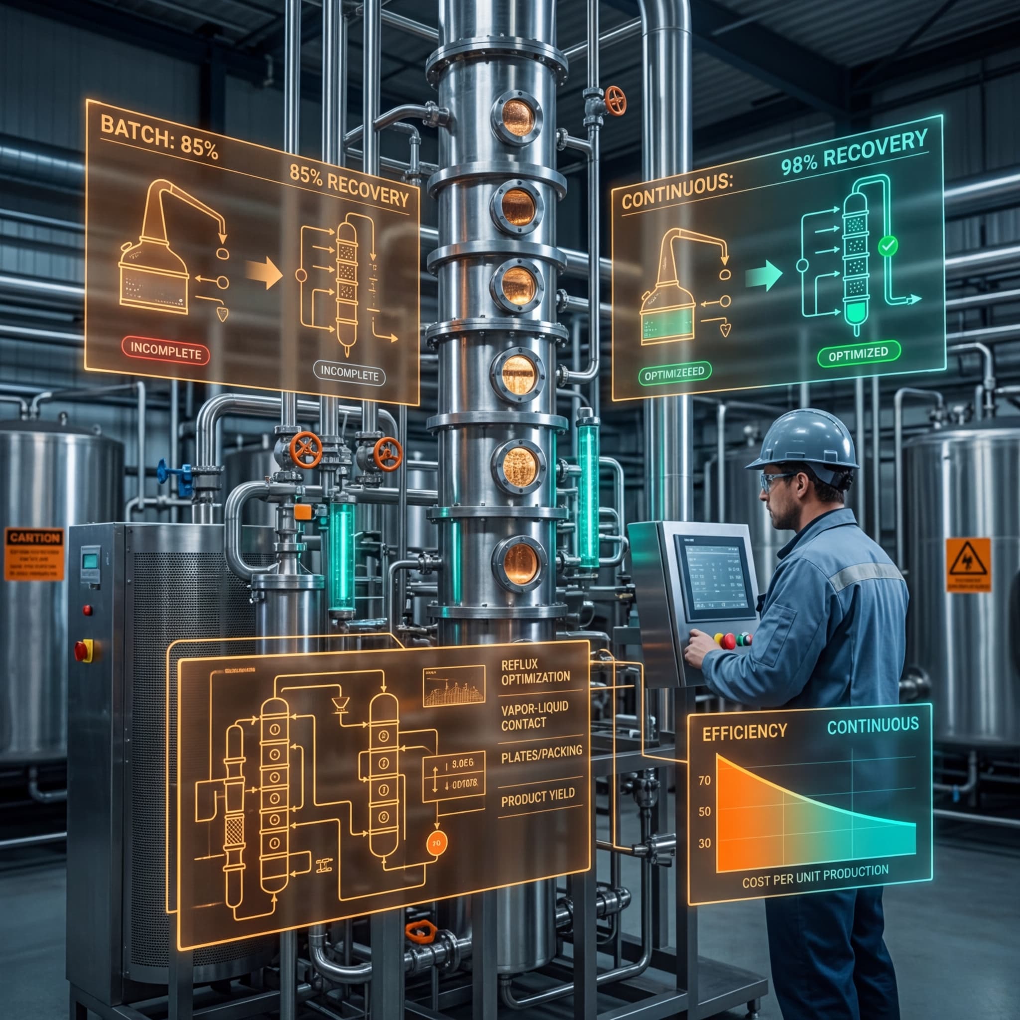 Engineer monitoring a continuous distillation column in an industrial facility with holographic displays comparing batch and continuous recovery efficiency