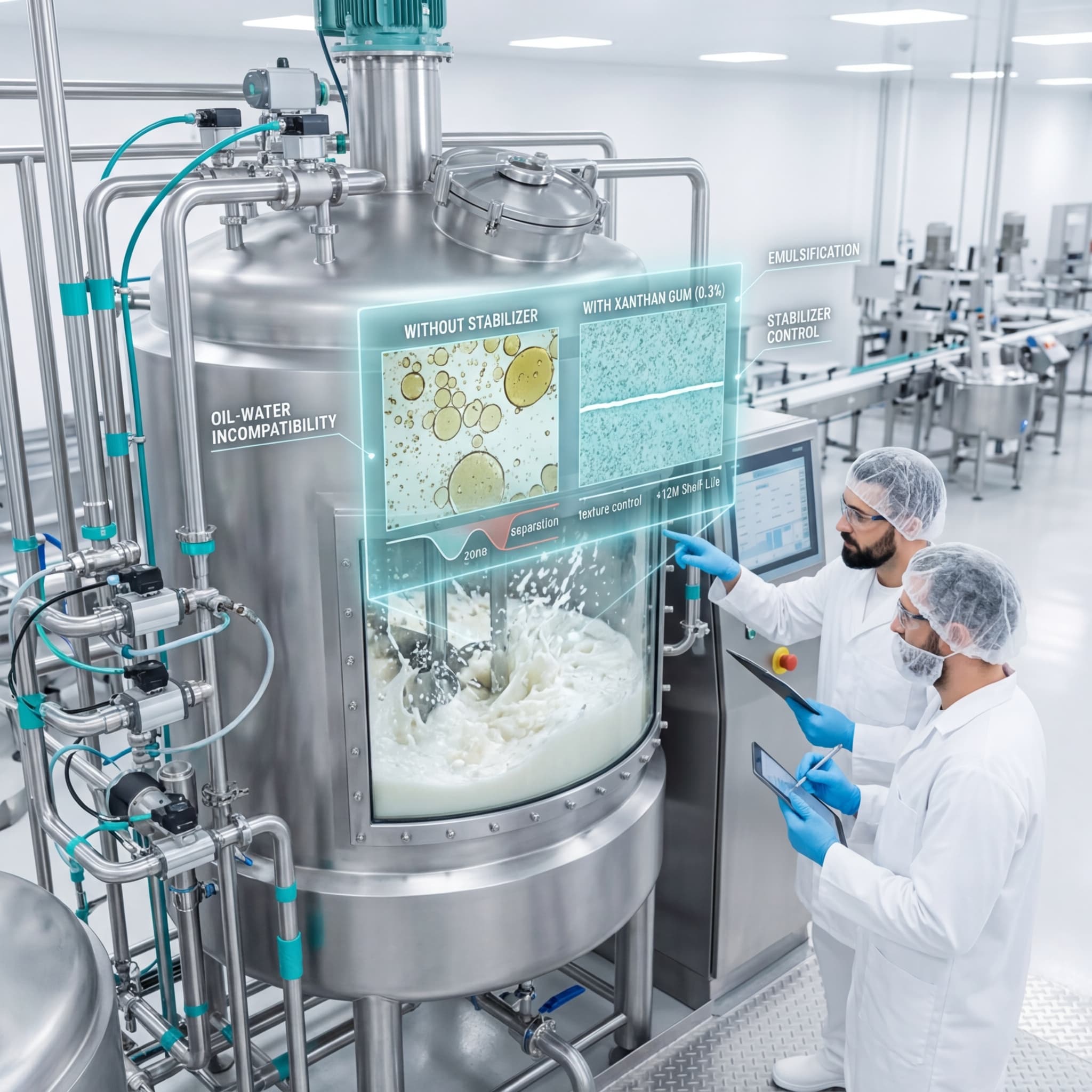 Food scientists in cleanroom gear monitoring an industrial emulsification tank with digital overlays showing oil-water mixing stability data