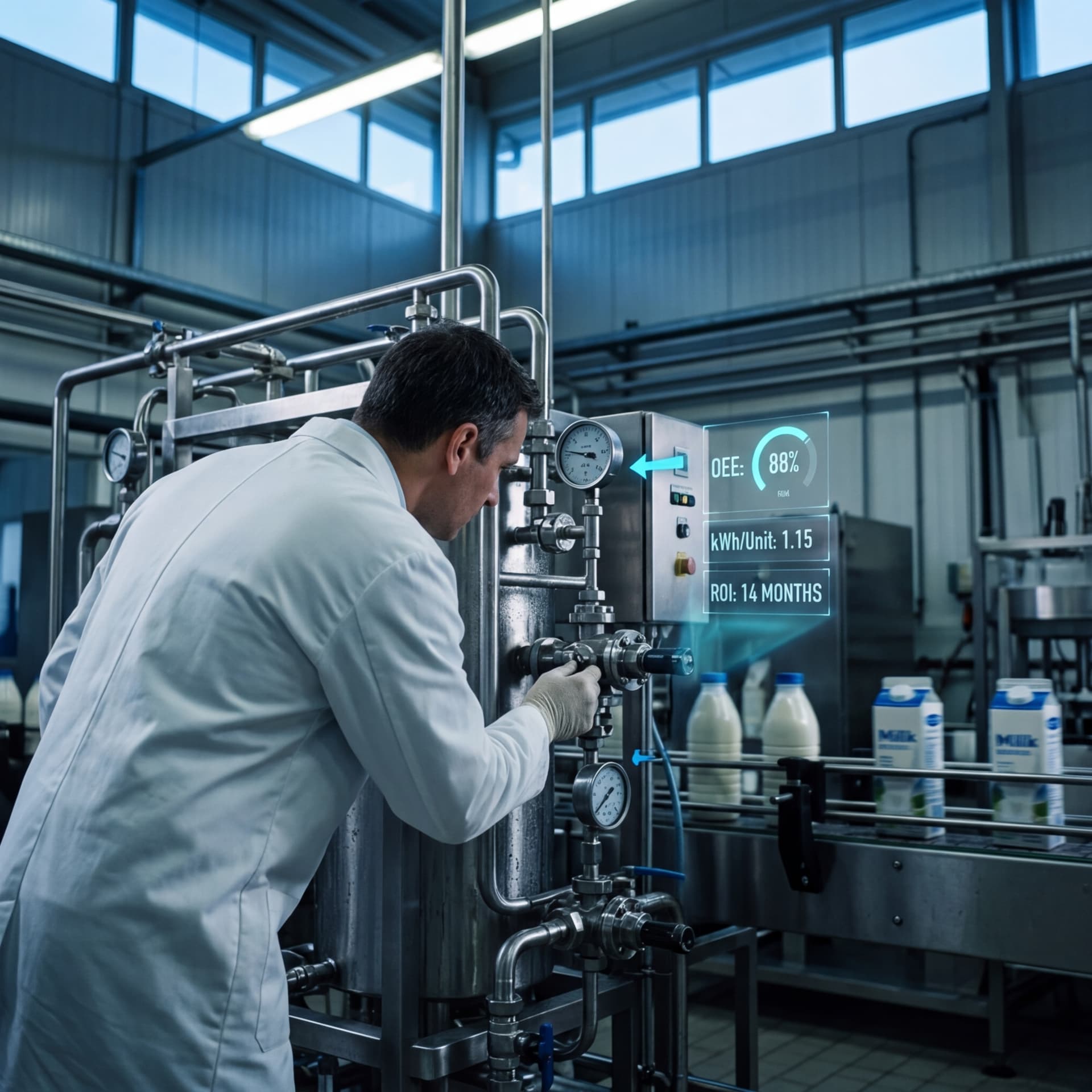 Engineer inspecting steam system piping with digital energy efficiency metrics on a dairy production line