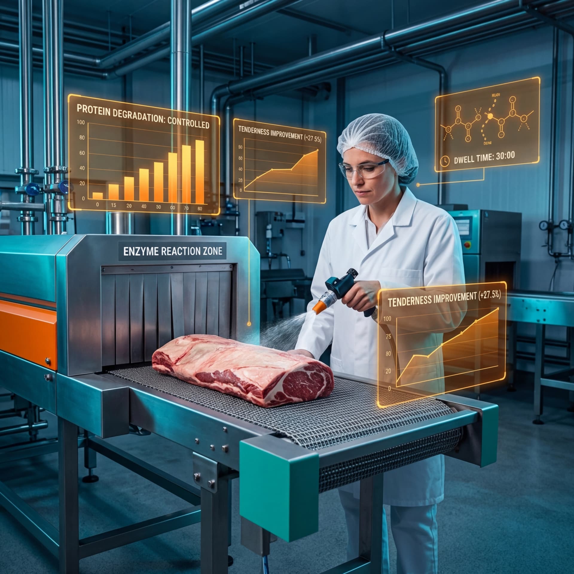 Food scientist applying enzyme solution to a beef cut in an enzyme reaction zone with holographic displays showing protein degradation charts, tenderness improvement data, and dwell time countdown