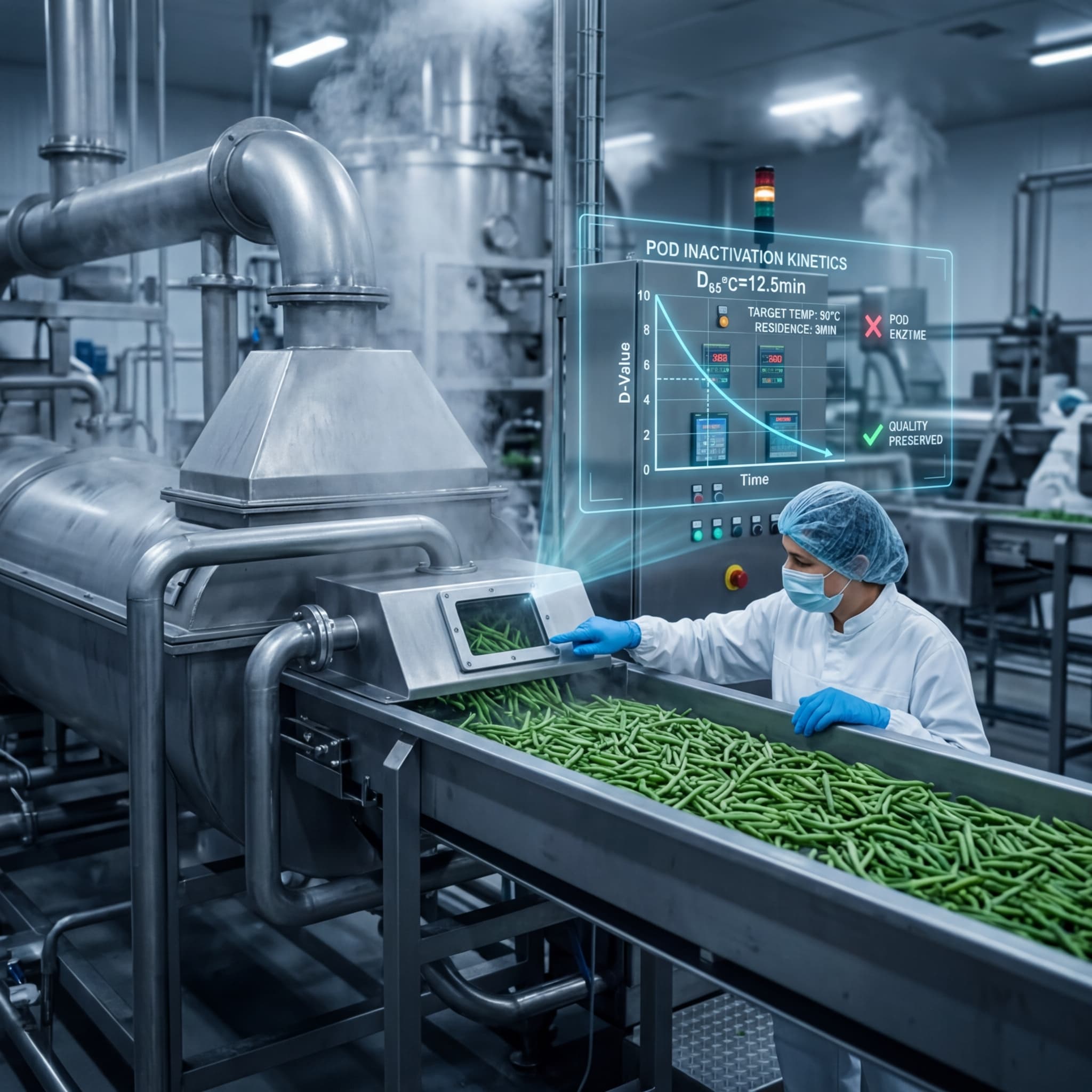 Food processing technician monitoring a steam blanching line with green beans on a conveyor belt and holographic display showing peroxidase inactivation kinetics and D-value data