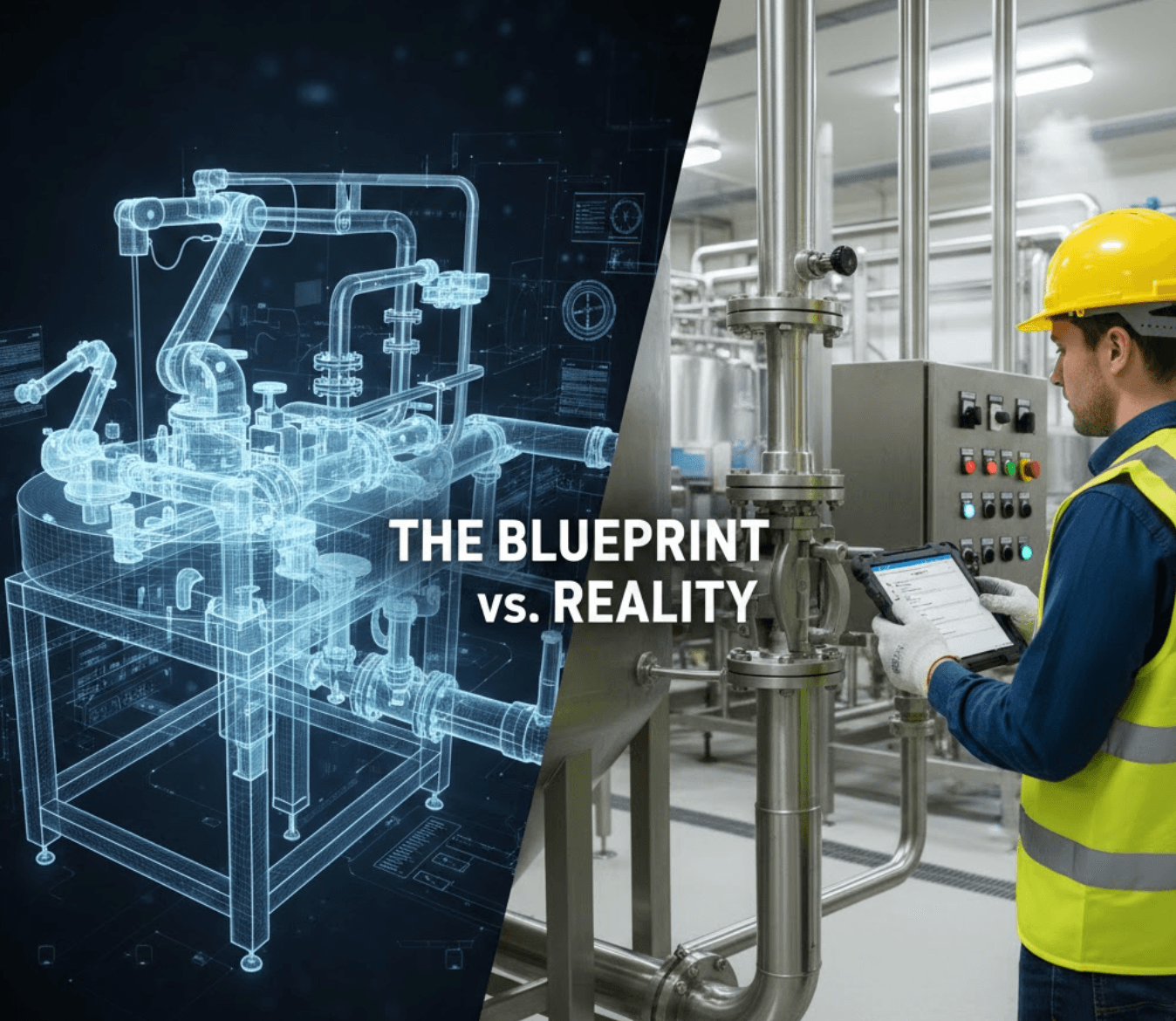 Split image showing digital blueprint wireframe of processing equipment contrasted with technician reviewing actual equipment installation with tablet