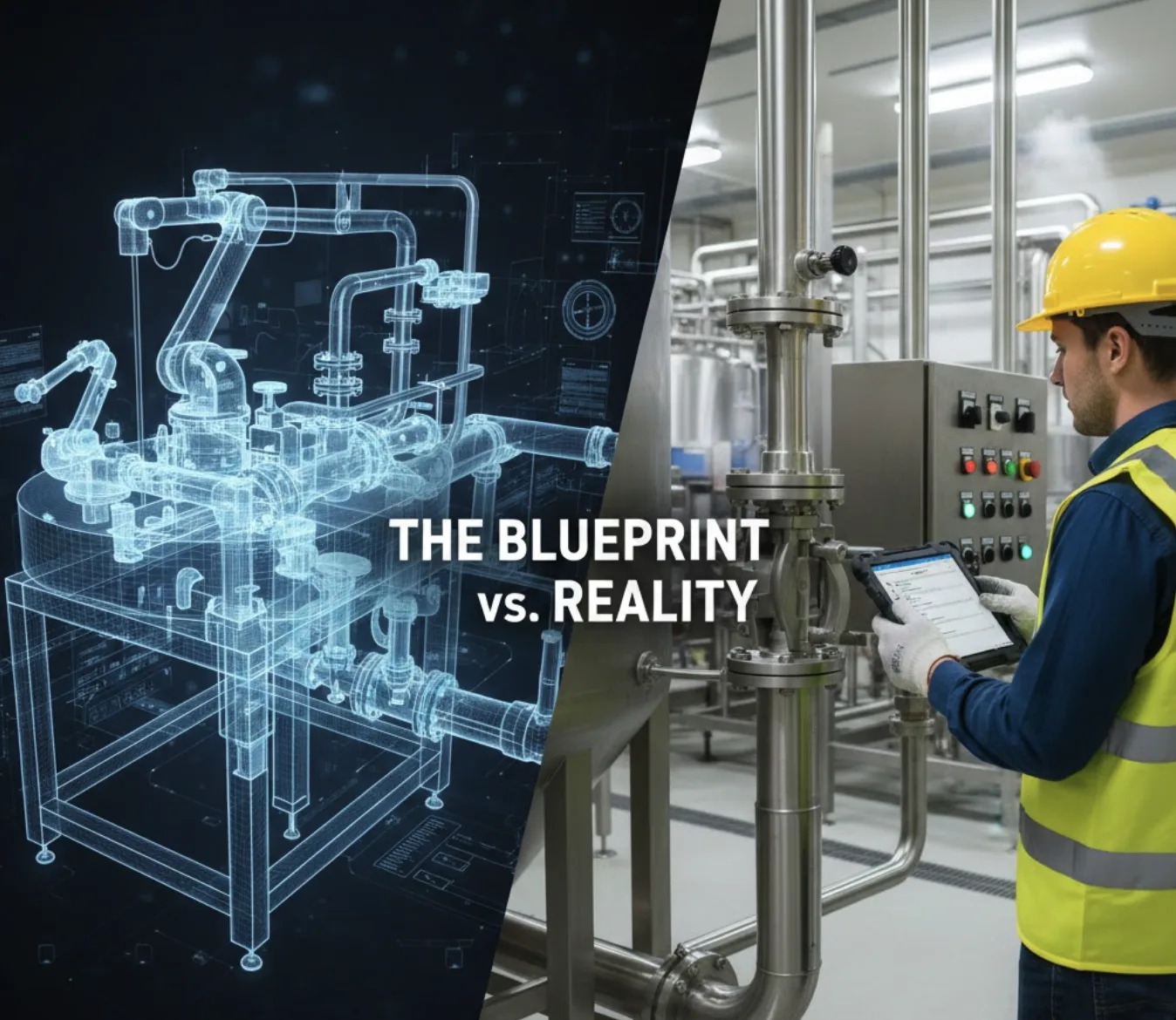 Split image showing digital blueprint wireframe of processing equipment contrasted with technician reviewing actual equipment installation with tablet