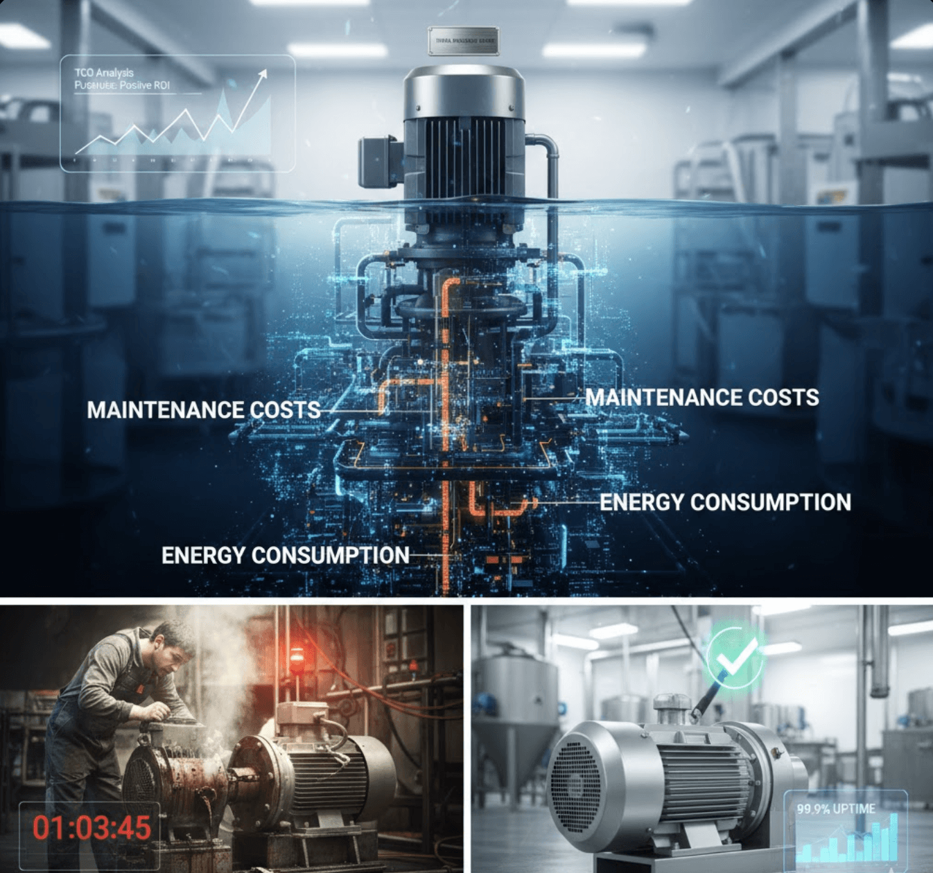 Split view showing equipment TCO analysis with maintenance costs and energy consumption metrics, comparing downtime scenarios between low and high reliability equipment