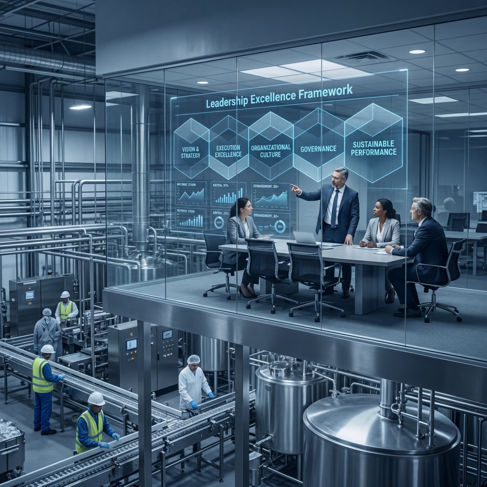 Executive presenting leadership excellence framework to team above food manufacturing production floor