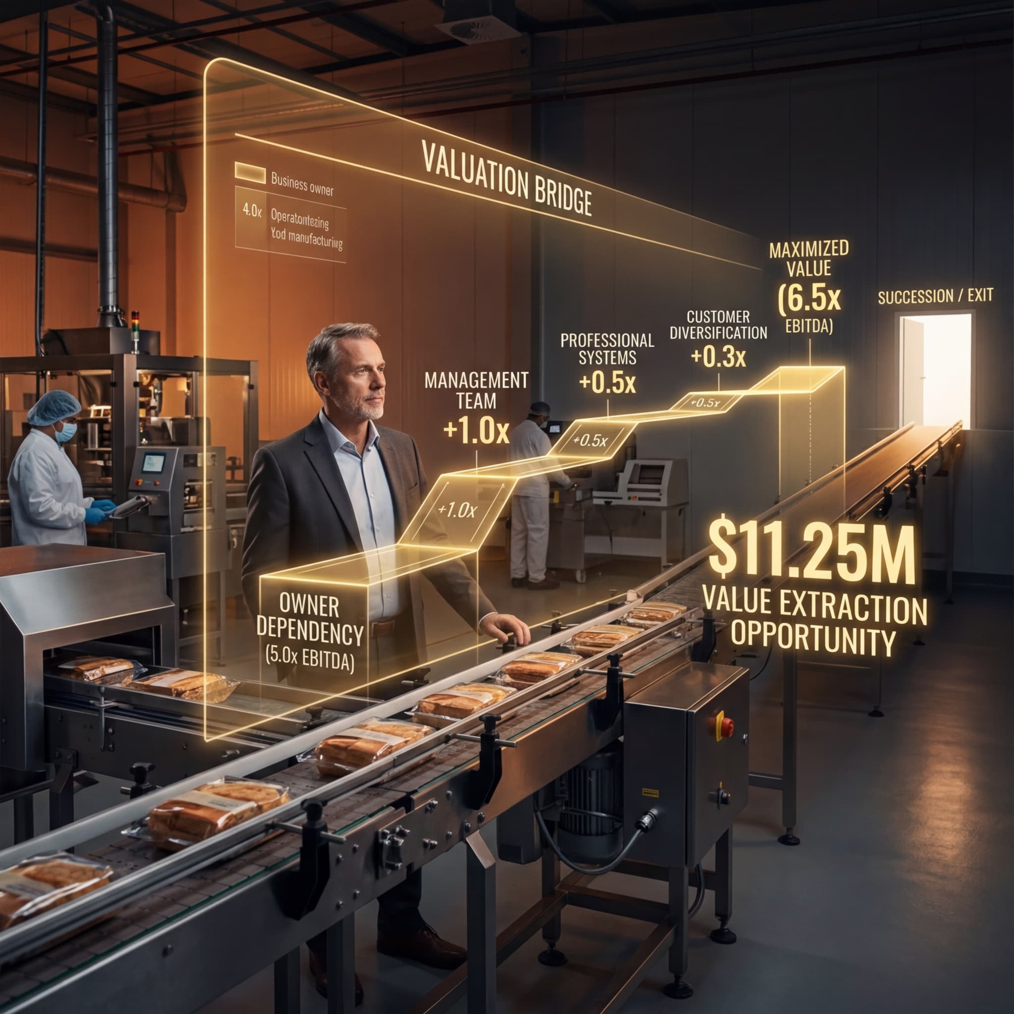 Food manufacturer owner viewing valuation bridge from owner dependency to maximized 6.5x EBITDA exit value