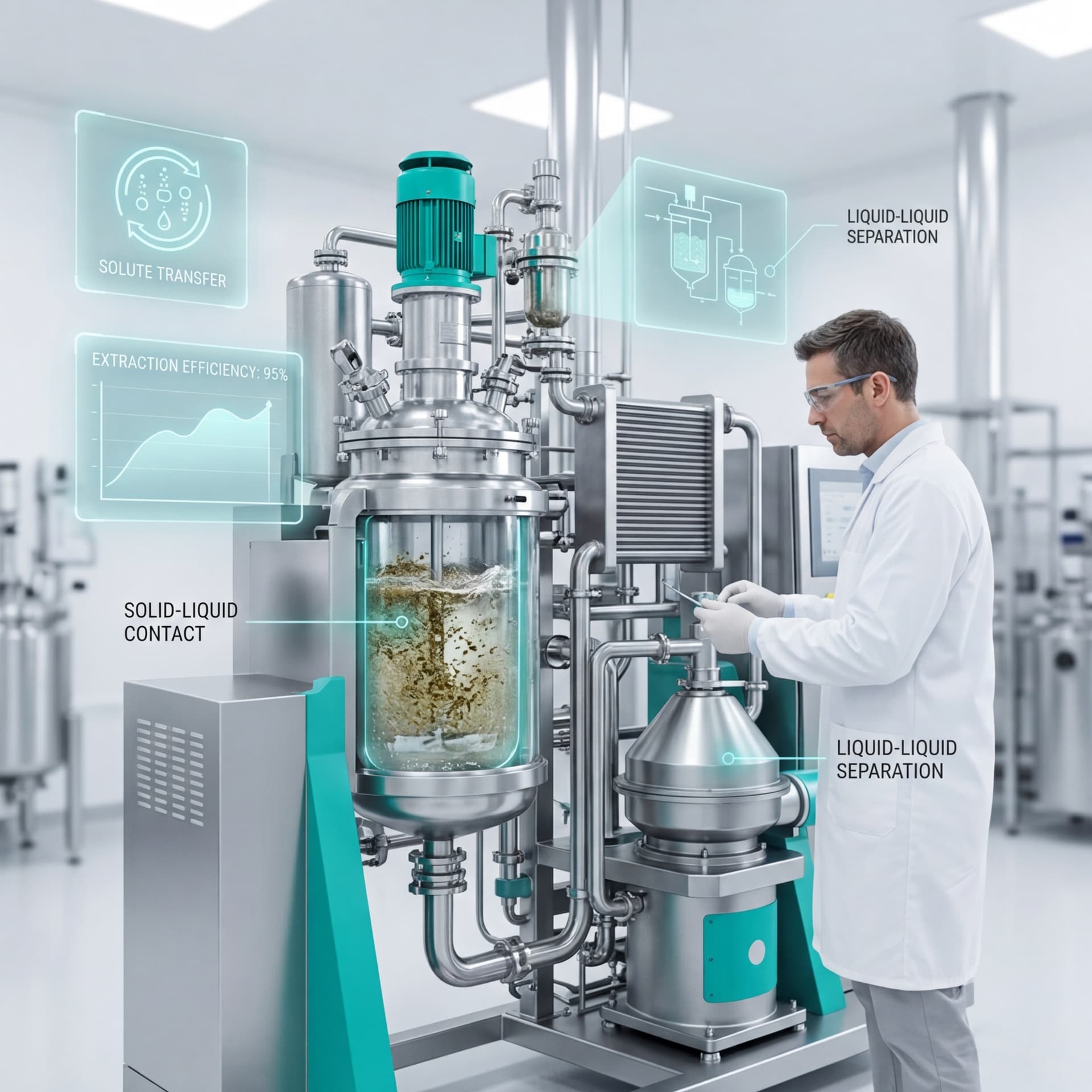 Scientist in white lab coat operating a stainless steel extraction vessel with holographic displays showing solute transfer, extraction efficiency, and liquid-liquid separation data