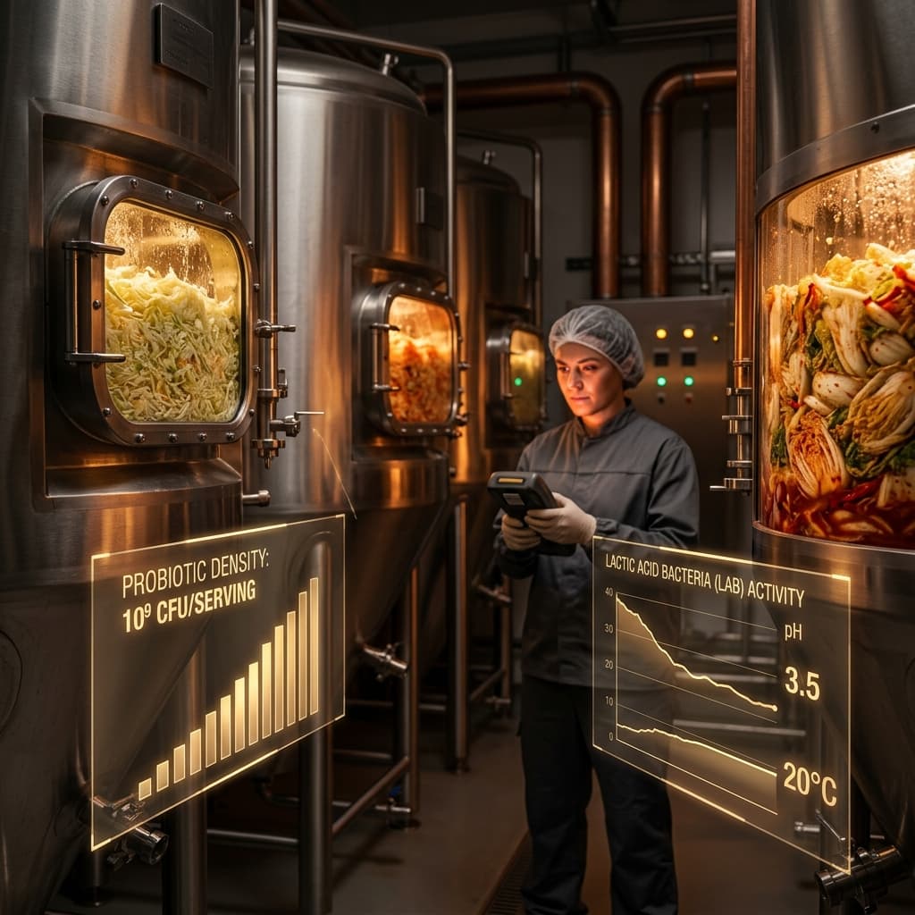 Fermentation technician monitoring stainless steel fermentation vessels containing kimchi and sauerkraut with digital displays showing probiotic density and pH levels