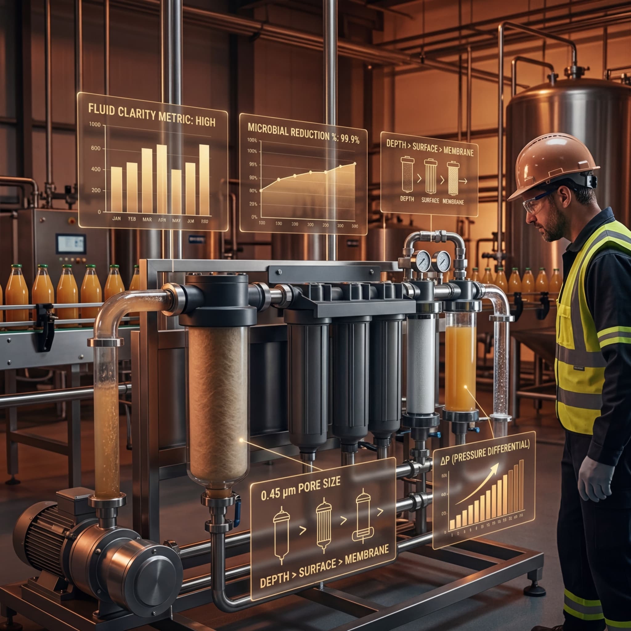 Engineer in hard hat inspecting a multi-stage industrial filtration system with holographic displays showing fluid clarity metrics and microbial reduction data