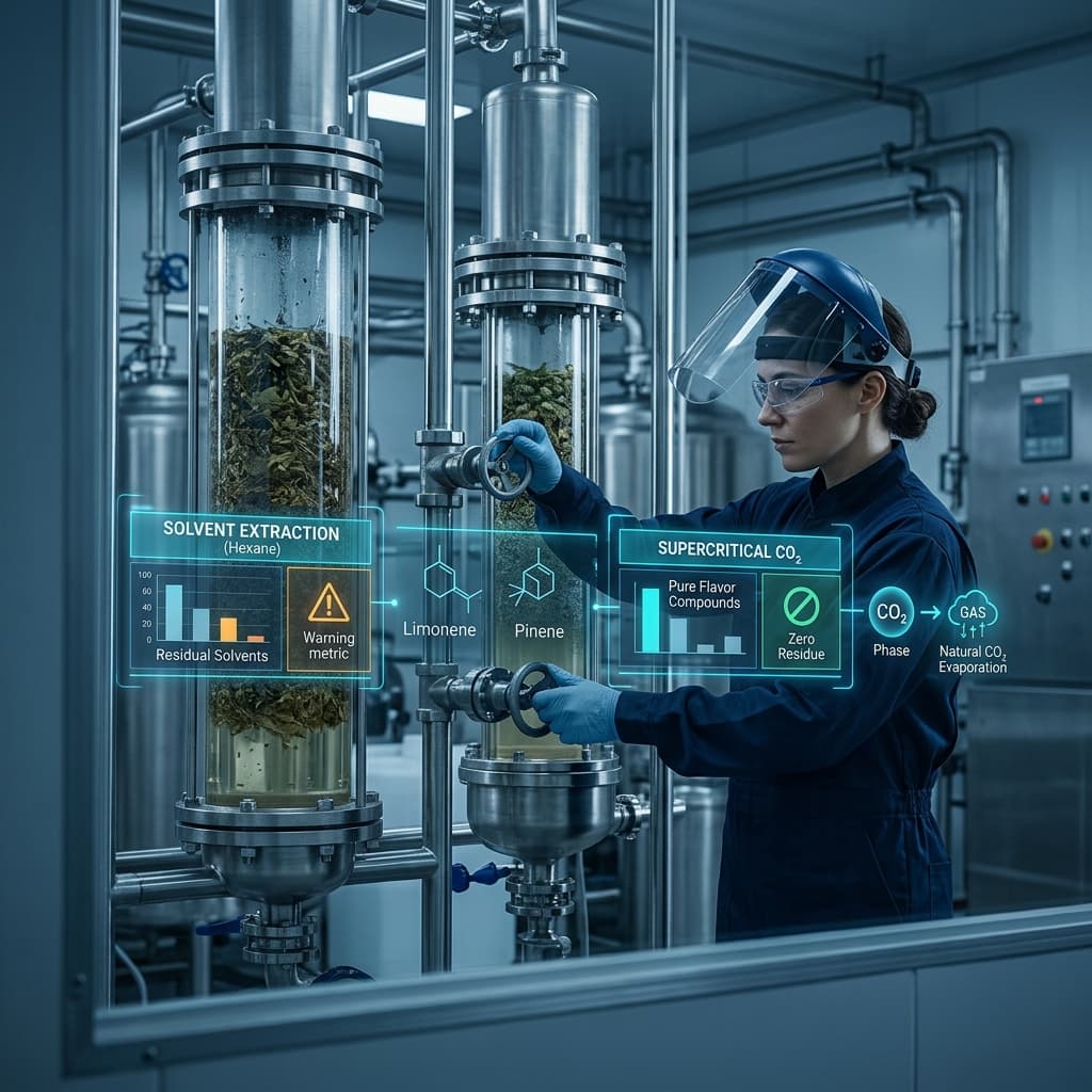 Flavor extraction technician comparing solvent and supercritical CO2 extraction vessels with purity and residue monitoring displays in a processing facility