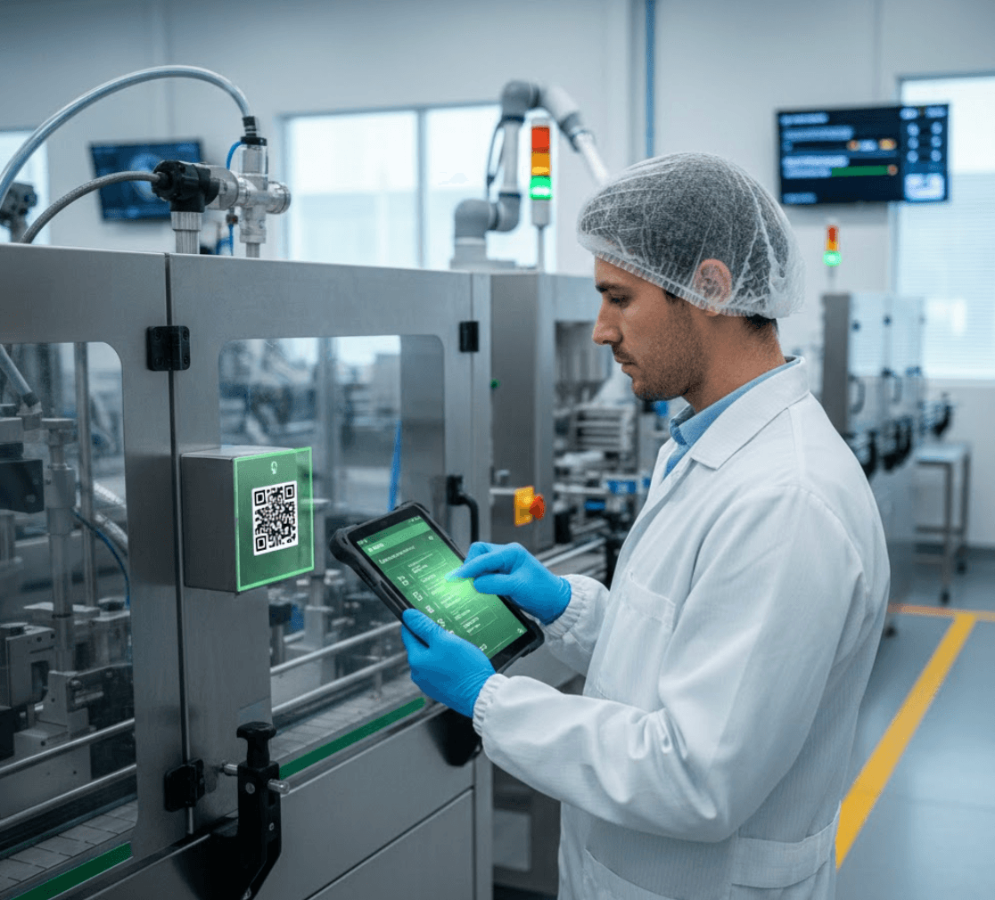 Quality control technician in food processing facility using tablet to document safety and compliance protocols