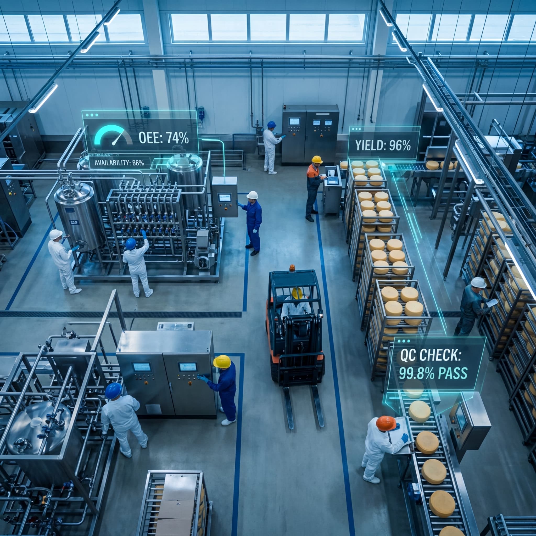 Overhead view of a food manufacturing facility with digital KPI overlays showing OEE, yield, and quality metrics