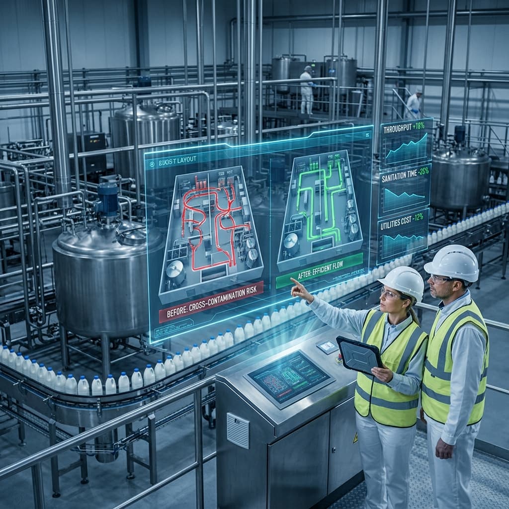 Two engineers reviewing plant layout comparison displays alongside dairy processing equipment