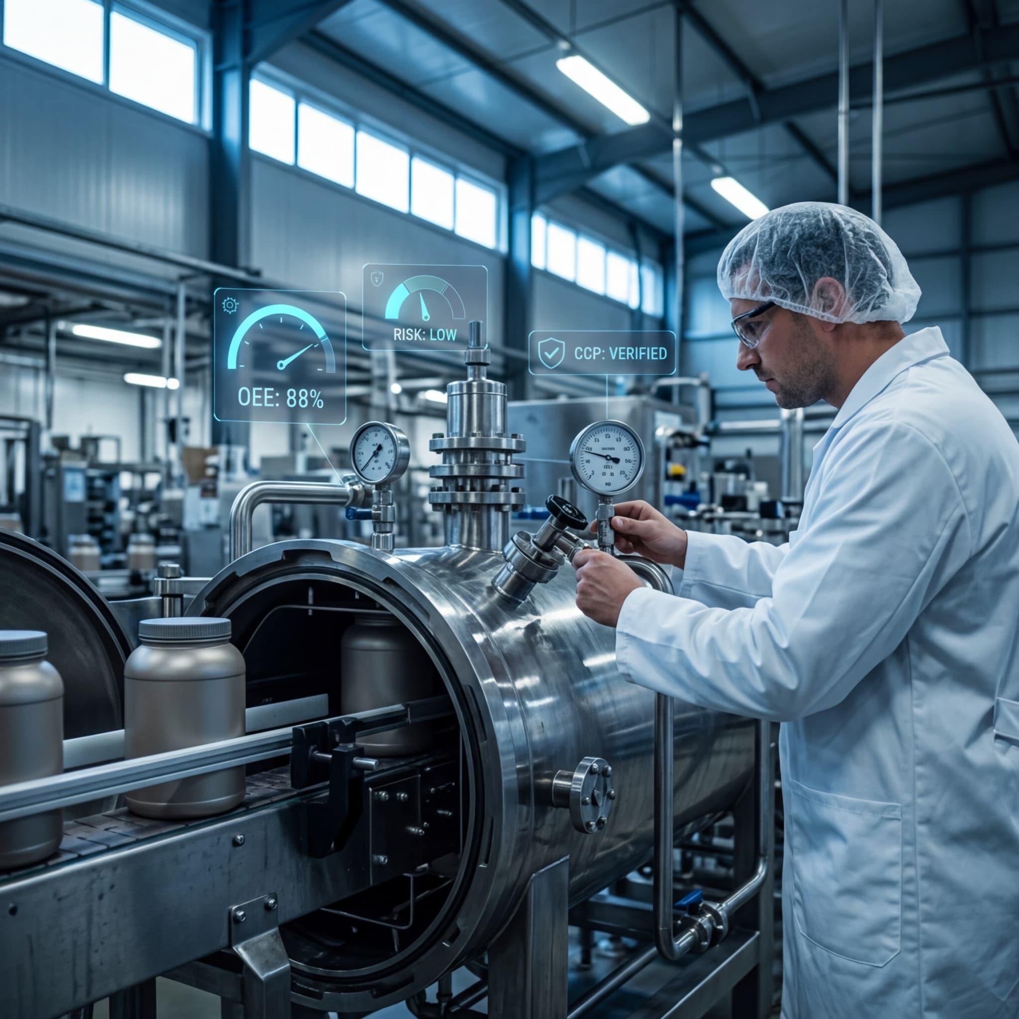 Food safety technician inspecting pressure vessel equipment with digital CCP verification displays