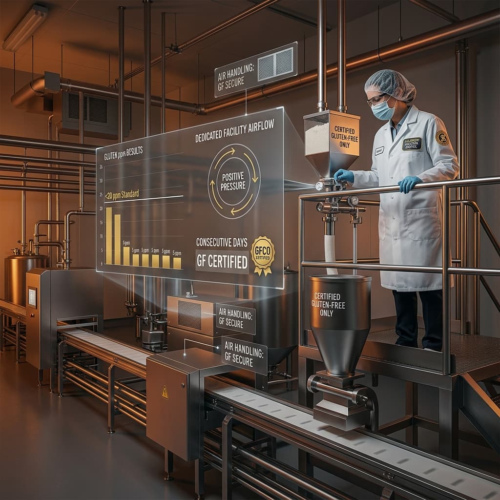 Quality technician inspecting a dedicated gluten-free production line with positive pressure airflow system and digital certification status displays in a food manufacturing facility