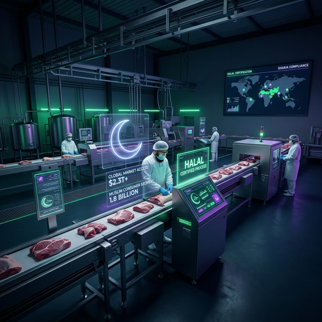 Halal-certified meat processing facility with workers in white coats, crescent symbol holographic display, global market access map, and certified processing equipment