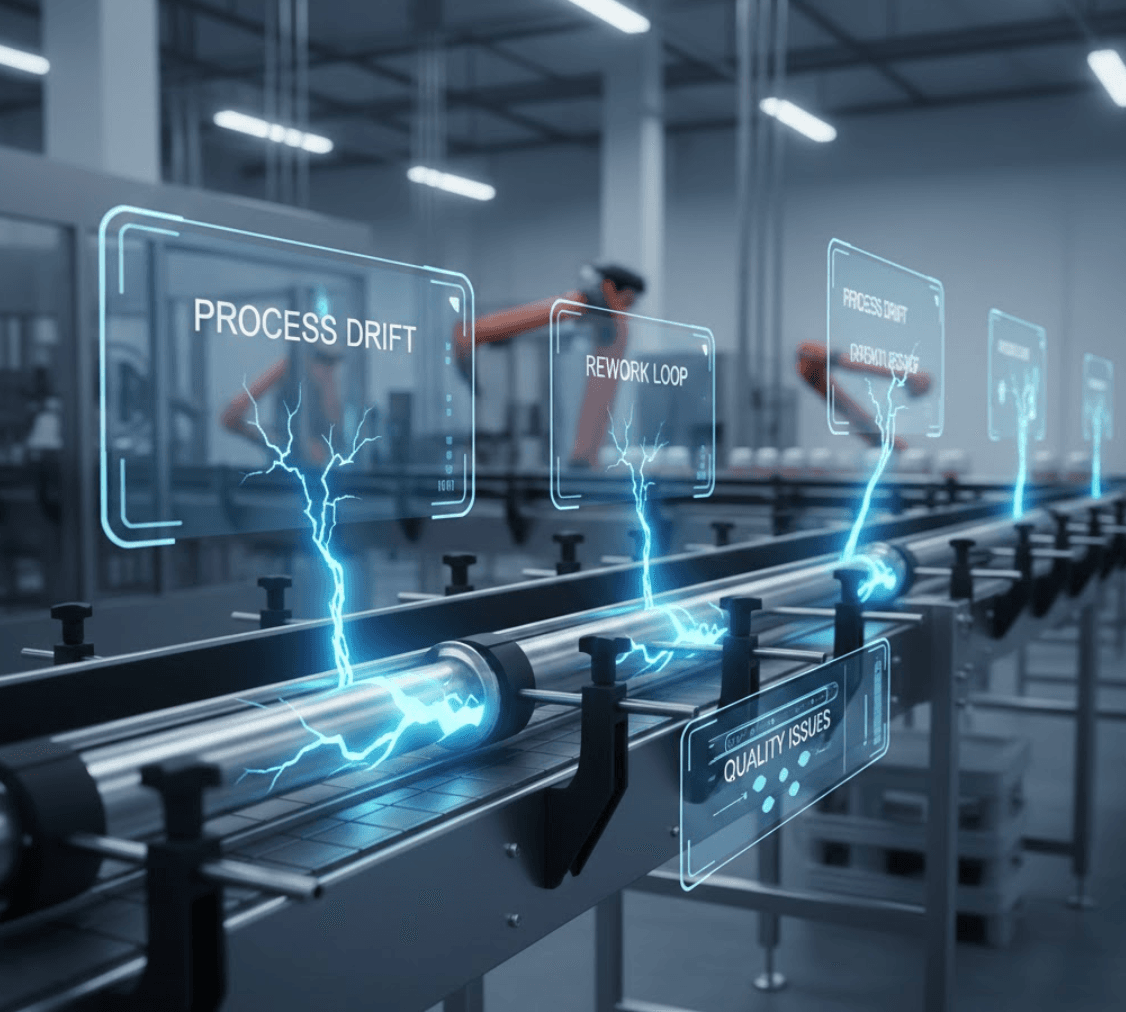 Manufacturing production line with digital overlays highlighting quality issues including process drift, rework loops, and inspection points