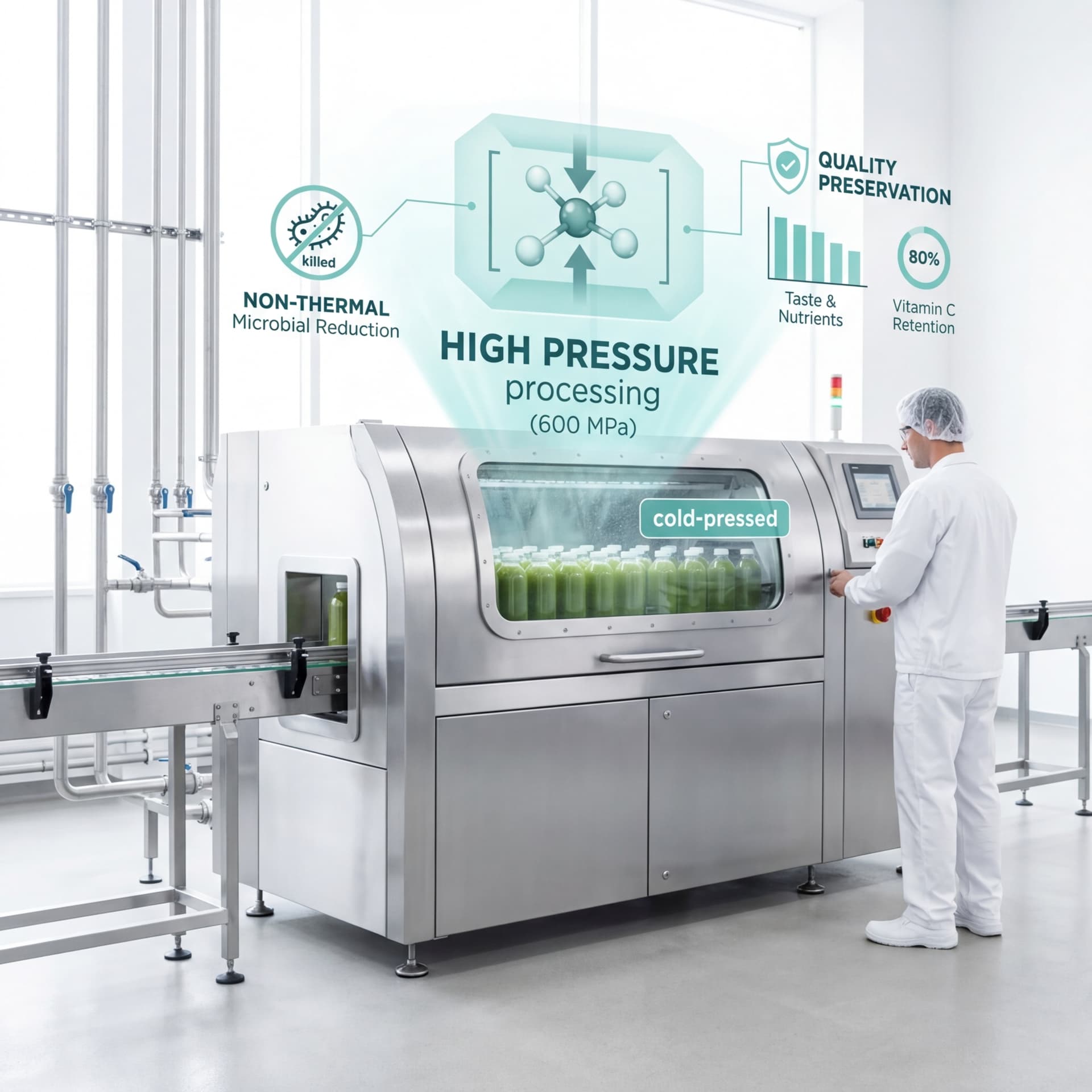 Operator monitoring a high pressure processing machine with cold-pressed juice bottles visible inside the pressure vessel and holographic displays showing non-thermal microbial reduction and quality preservation data