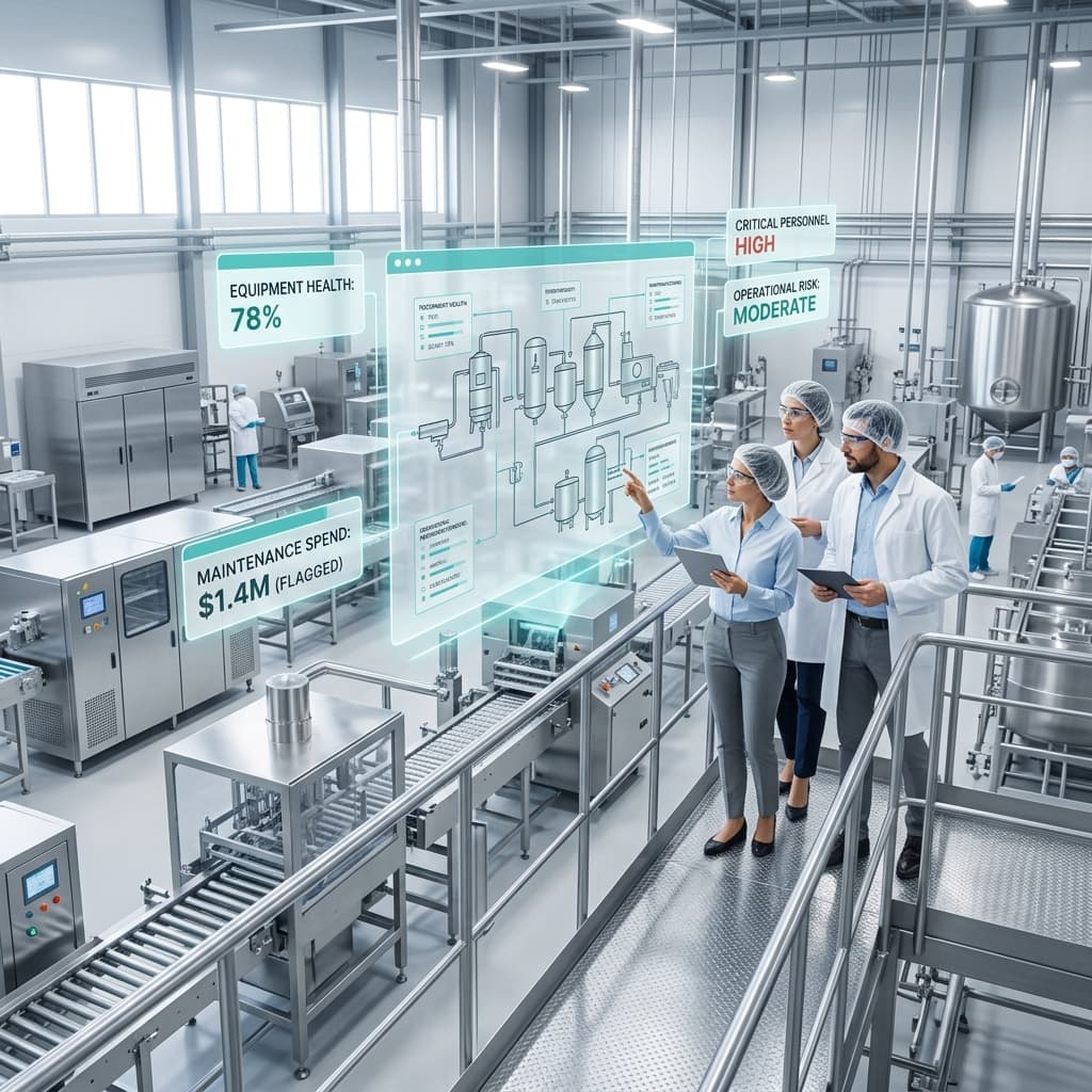 Three professionals reviewing equipment health and maintenance risk displays during a due diligence site visit