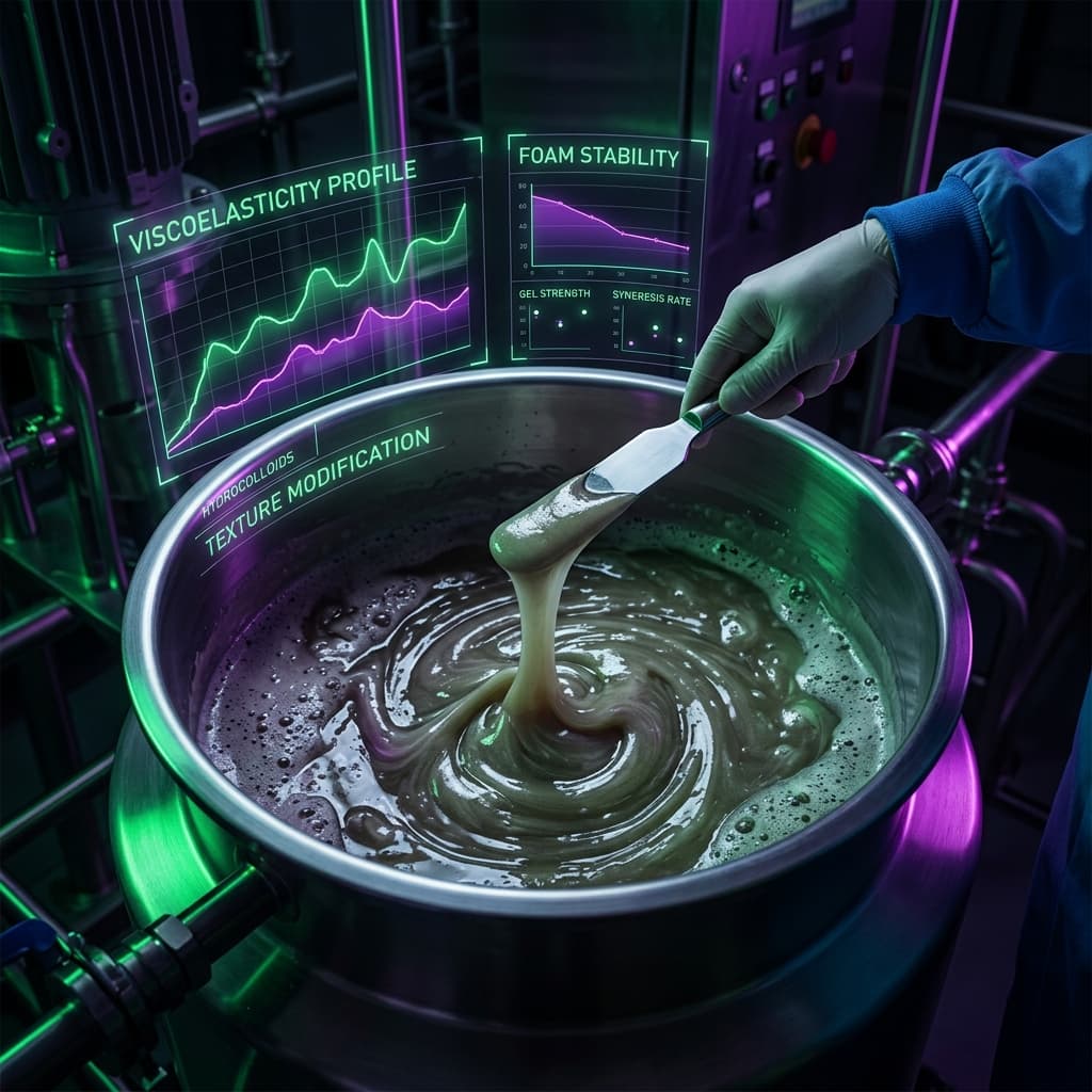 Close-up of a gloved hand stirring a viscous hydrocolloid mixture in a stainless steel bowl with digital overlays showing viscoelasticity and foam stability data