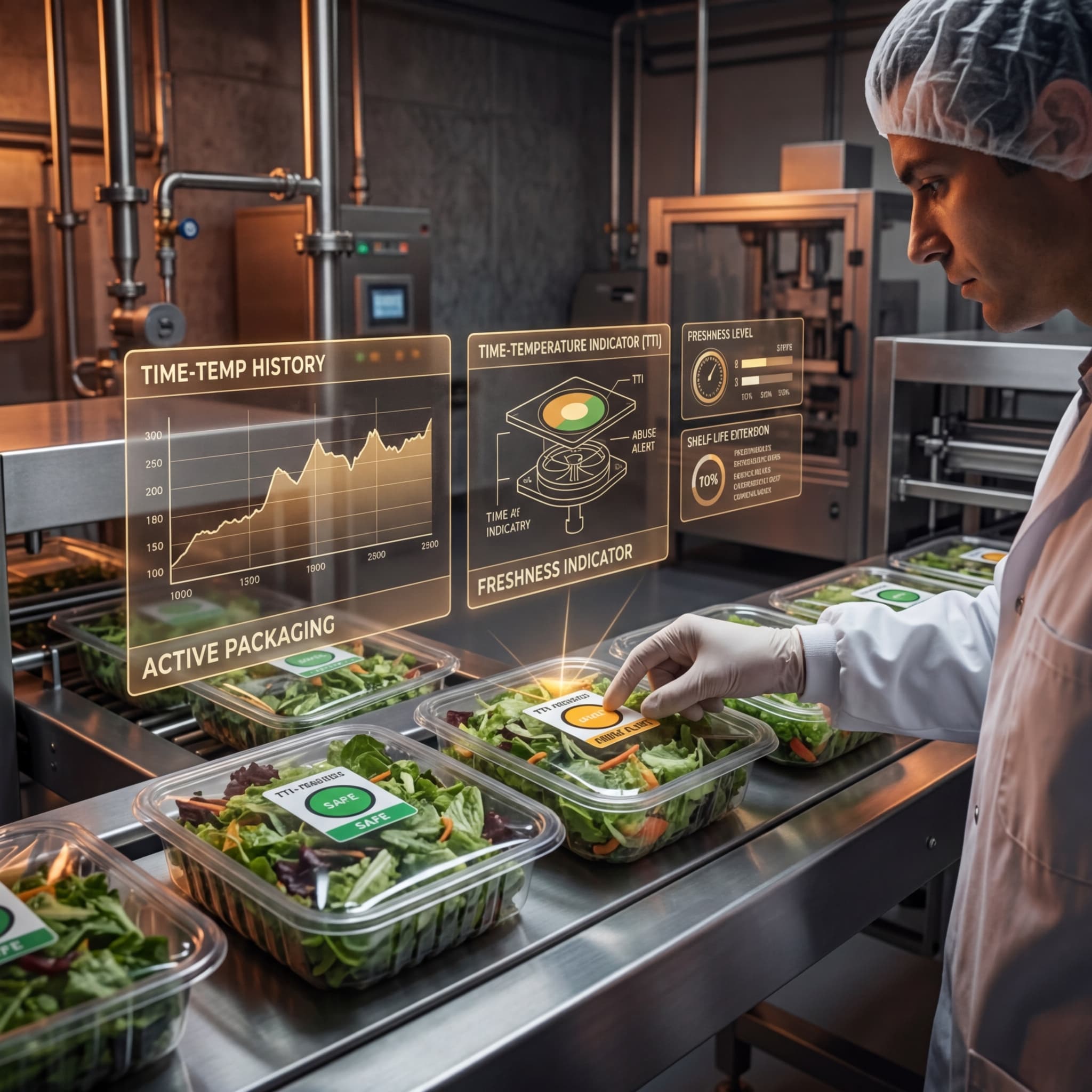 Food processing worker inspecting packaged salads with time-temperature indicator labels and holographic displays showing thermal history, freshness level, and active packaging shelf-life data