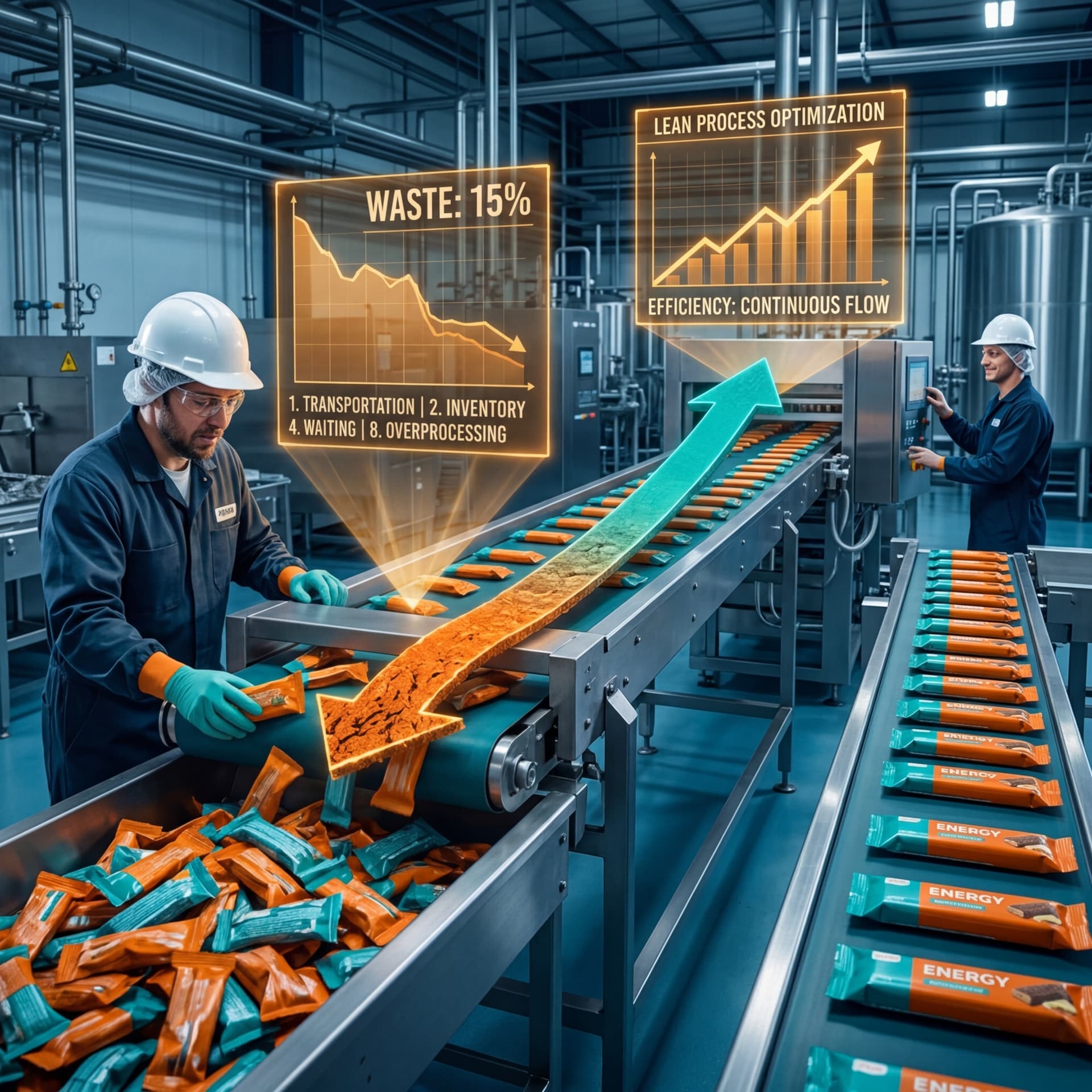 Food production line workers with lean process optimization and waste reduction overlay graphics